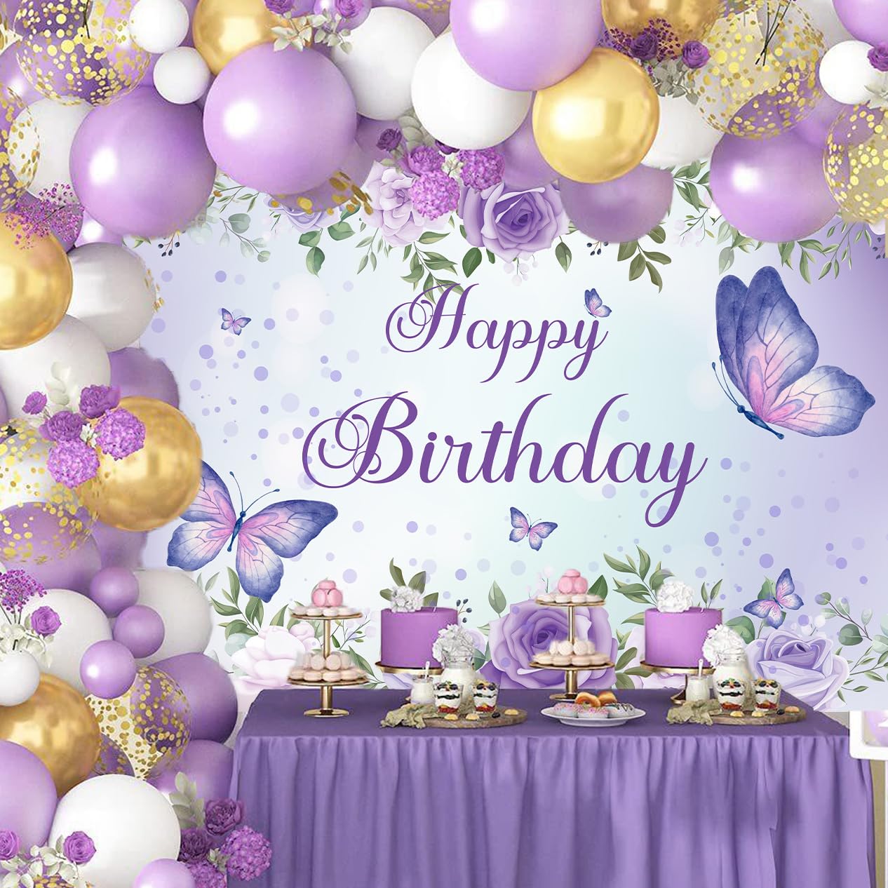 7x5Ft Purple Butterfly Happy Birthday Backdrop with Rose Flowers - Girls Birthday Party Decor, Cake Table Banner & Photography Background for Birthday Celebrations, Baby Showers & Special Events