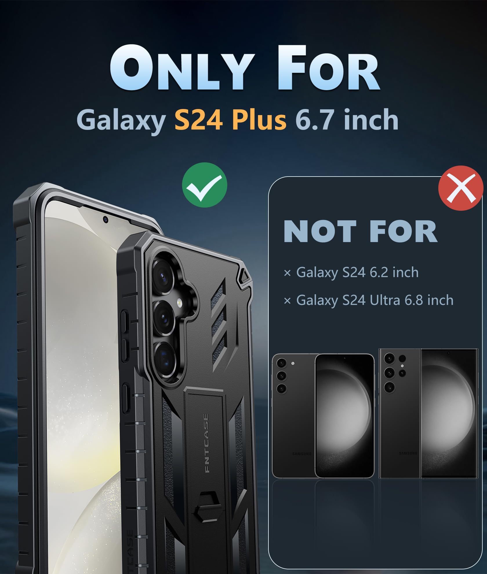 Military Grade Shockproof Phone Case for Samsung Galaxy S24 Plus 5G - Rugged Protective Cover with Built-in Screen Protector & Kickstand | Perfect for Outdoor Adventures, Work & Daily Use (Black)