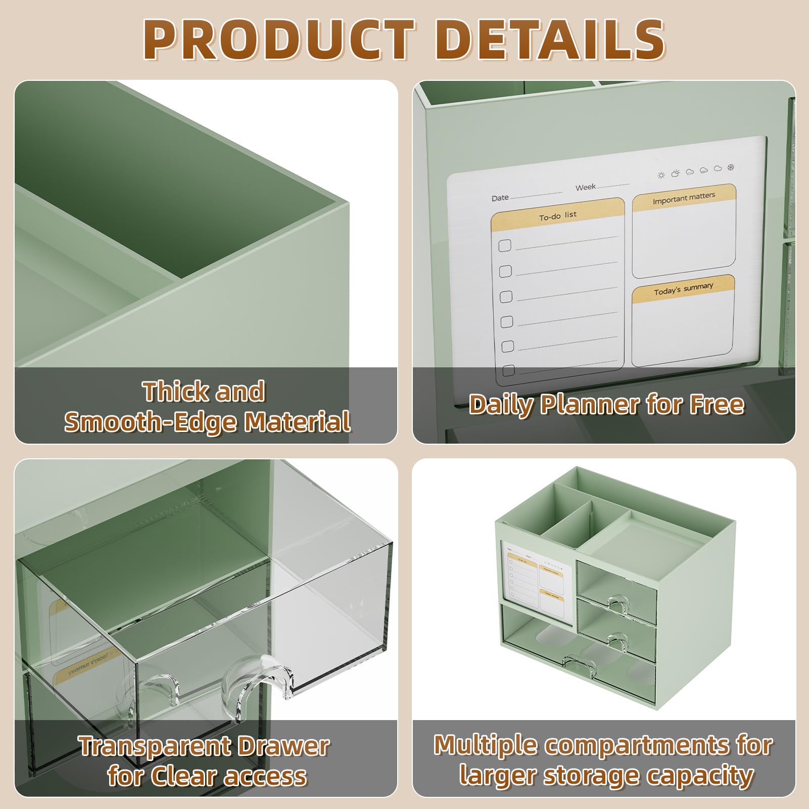 Marbrasse 3-Drawer Desk Organizer with 4 Compartments - Multi-Functional Pencil & Pen Holder for Office, Home, School - Green Desktop Storage for Supplies, Stationery & Accessories - Perfect for Workspace Organization & Decluttering