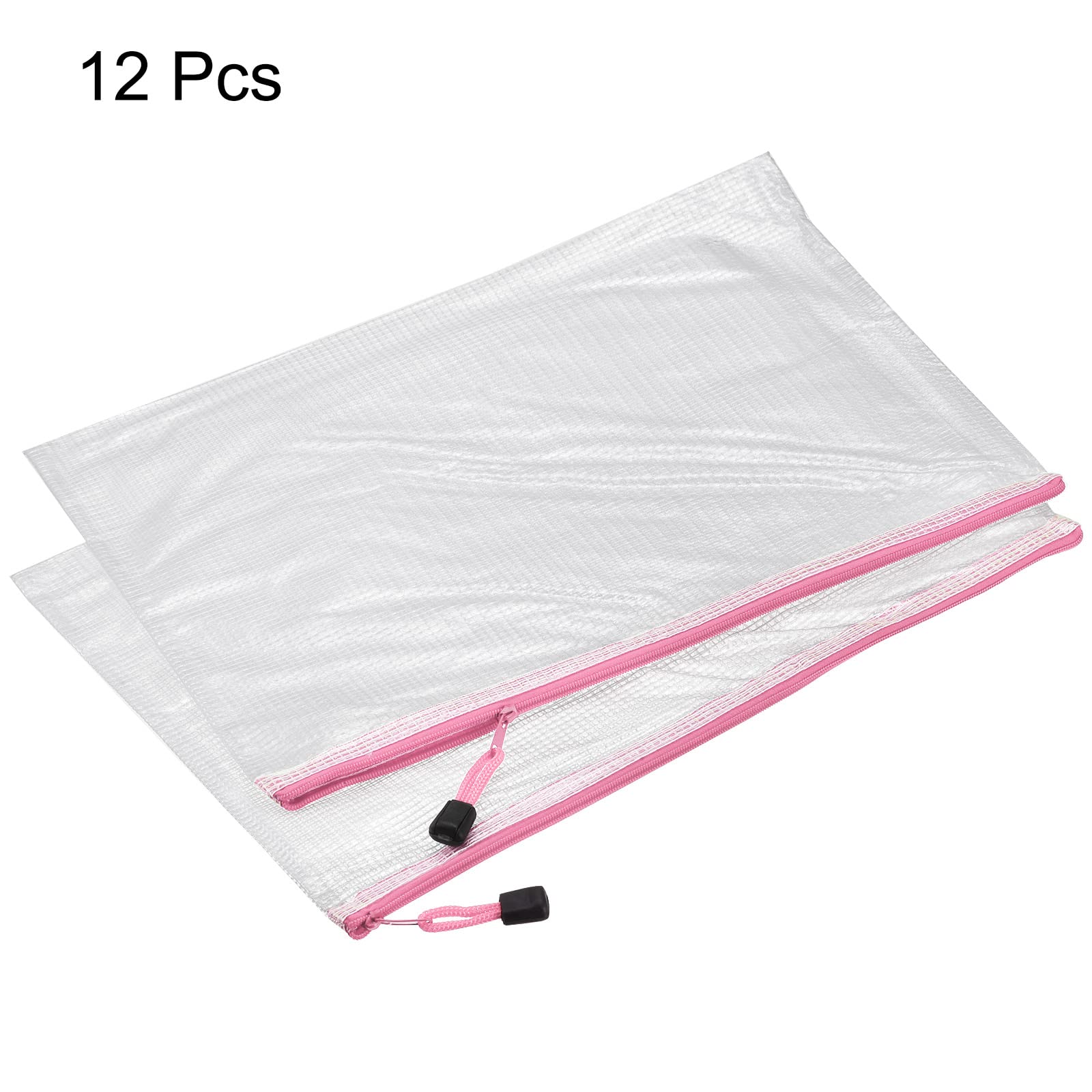 Meccanity A4 Mesh Zipper Bags - 12 Pack Plastic Document Organizer Folders with Secure Zipper Closure for Office, School, Travel & Home Storage (Pink) | Perfect for Files, Receipts, Art Supplies & Travel Essentials