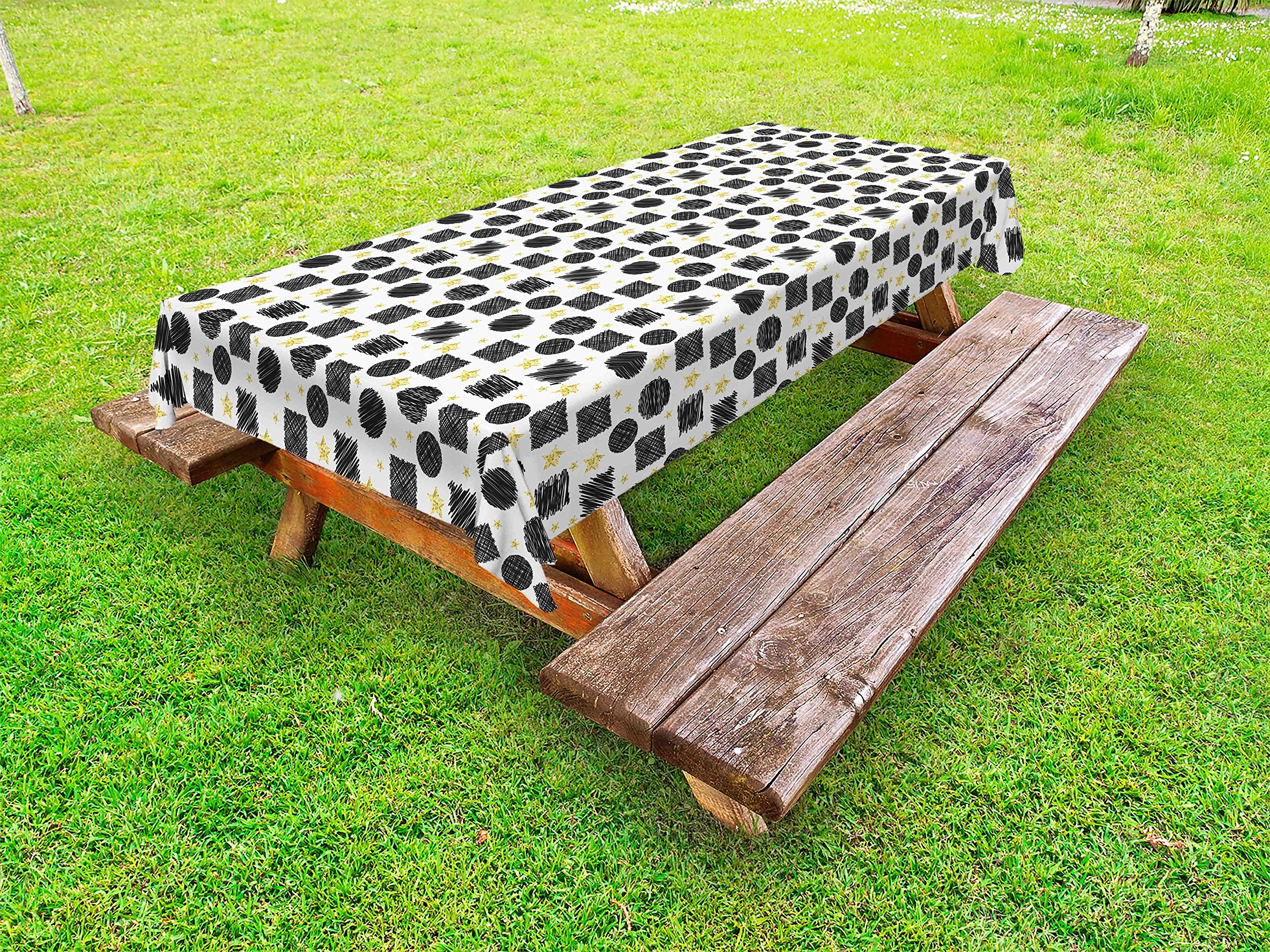 Ambesonne Black and Yellow Geometric Doodle Outdoor Tablecloth - Scribble Art Design with Circles, Squares & Stars - Washable Picnic Table Cover 58x104 Inches - Perfect for BBQs, Garden Parties & Outdoor Dining (Black/Yellow/White)