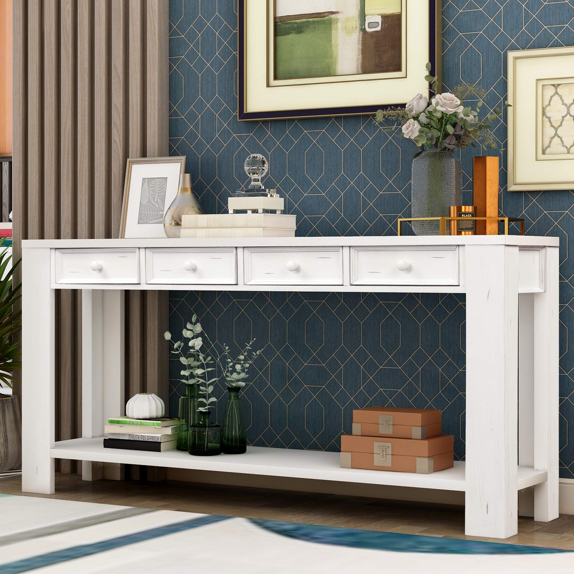 Rustic Solid Wood Console Table with 4 Drawers & Bottom Shelf - 64 Inch Long Entryway Sofa Table with Thickened Legs for Living Room, Hallway, Bedroom - Antique White Finish | Perfect for Home Decor, Entry Organizer & Display Space