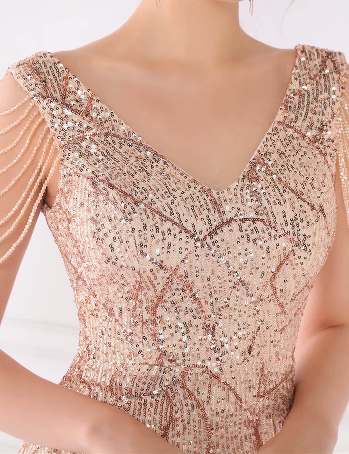 1920s Gatsby Flapper Dress for Women - Beaded Tassel Sleeves, Sequin Glitter & High Slit - Vintage Inspired Party Dress for Halloween, Roaring 20s Theme Party & Burlesque Show Costume