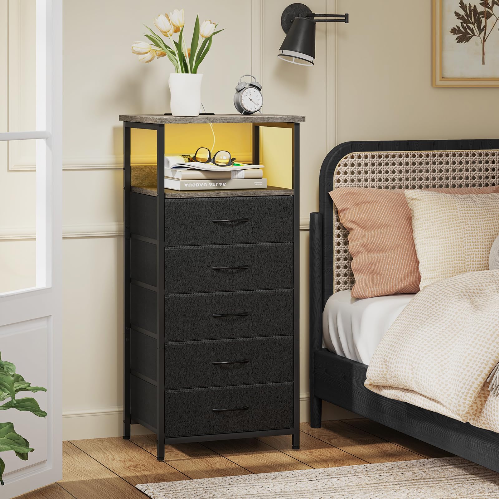 Fixwal Tall Nightstand with USB Charging Station & LED Lights - 5-Drawer Fabric Storage Dresser with PU Finish (Greige) - Perfect for Bedroom, Living Room & Dorm Organization