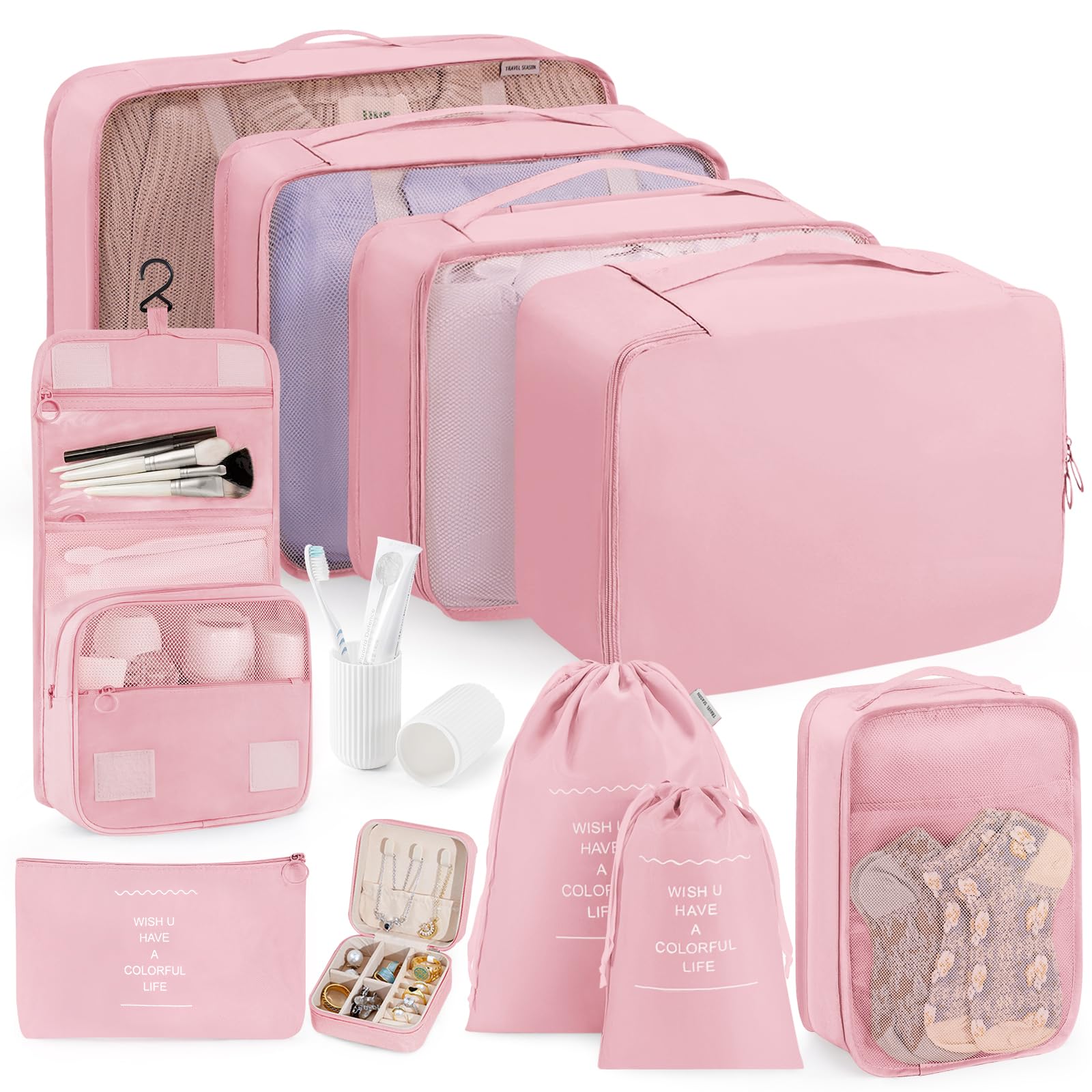11-Piece Packing Cubes Set for Travel - Suitcase & Luggage Organizer Bags with Toiletry Bag | Travel Essentials in Pink | Perfect for Business Trips, Vacations & Weekend Getaways