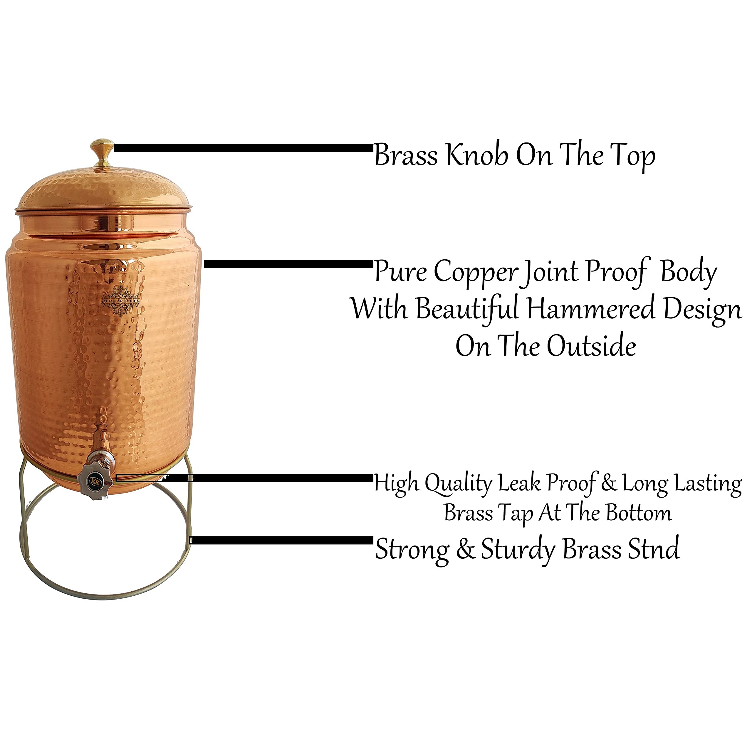 Pure Copper Hammered Design Water Pot with Brass Stand, Tap & Knob - Indian Art Villa Handcrafted Water Storage & Serving Jug for Home, Office & Ayurvedic Rituals