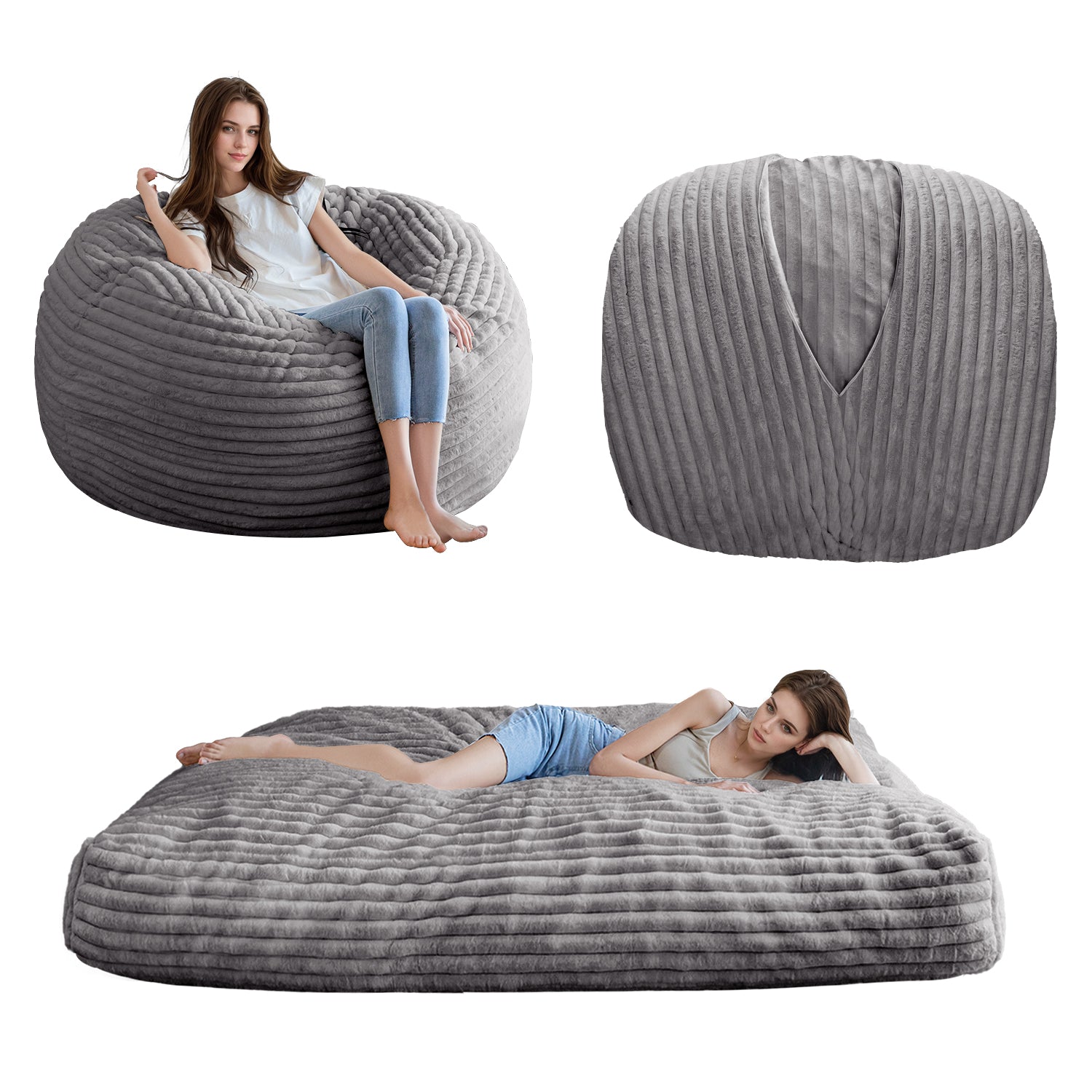 MAXYOYO Giant Bean Bag Chair Bed - Extra Large Striped Faux Fur Beanbag for Adults & Teens, Grey - Perfect for Living Room, Bedroom, Game Room & Dorm Relaxation
