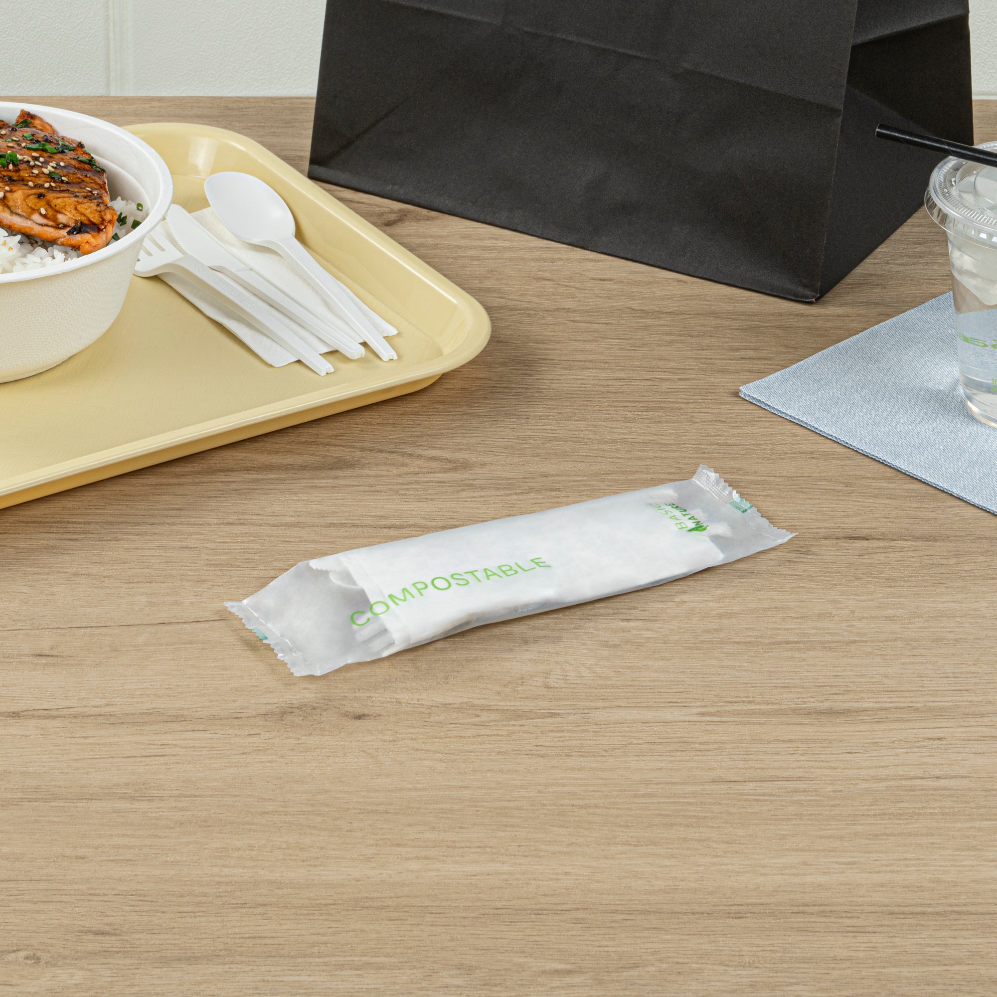 Eco-Friendly Compostable CPLA Plastic Cutlery Set - 100-Piece Box with Heat-Resistant Forks, Knives, Spoons & White Napkins | Perfect for Parties, Picnics, Catering & Zero-Waste Events