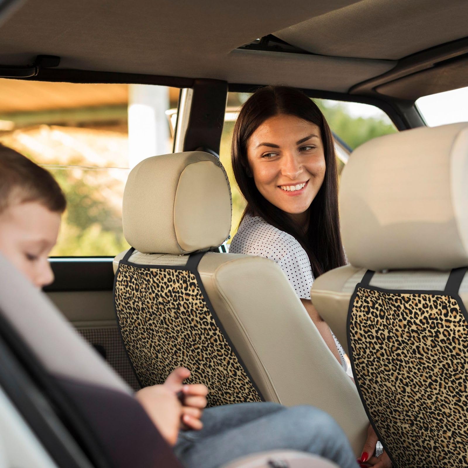 2-Piece Leopard Print Backseat Car Organizer - Waterproof Car Seat Storage with Multiple Pockets, Car Accessories for Kids Toys, Snacks & Travel Essentials (Perfect for Road Trips & Family Outings)
