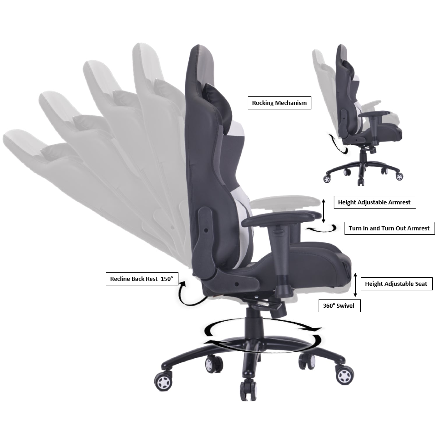 PRO X Series 77D09 Gaming Chair - Ergonomic Racing Style with Adjustable Lumbar Support (Black/Grey/White) - Perfect for PC Gaming, Office Work & Esports Tournaments
