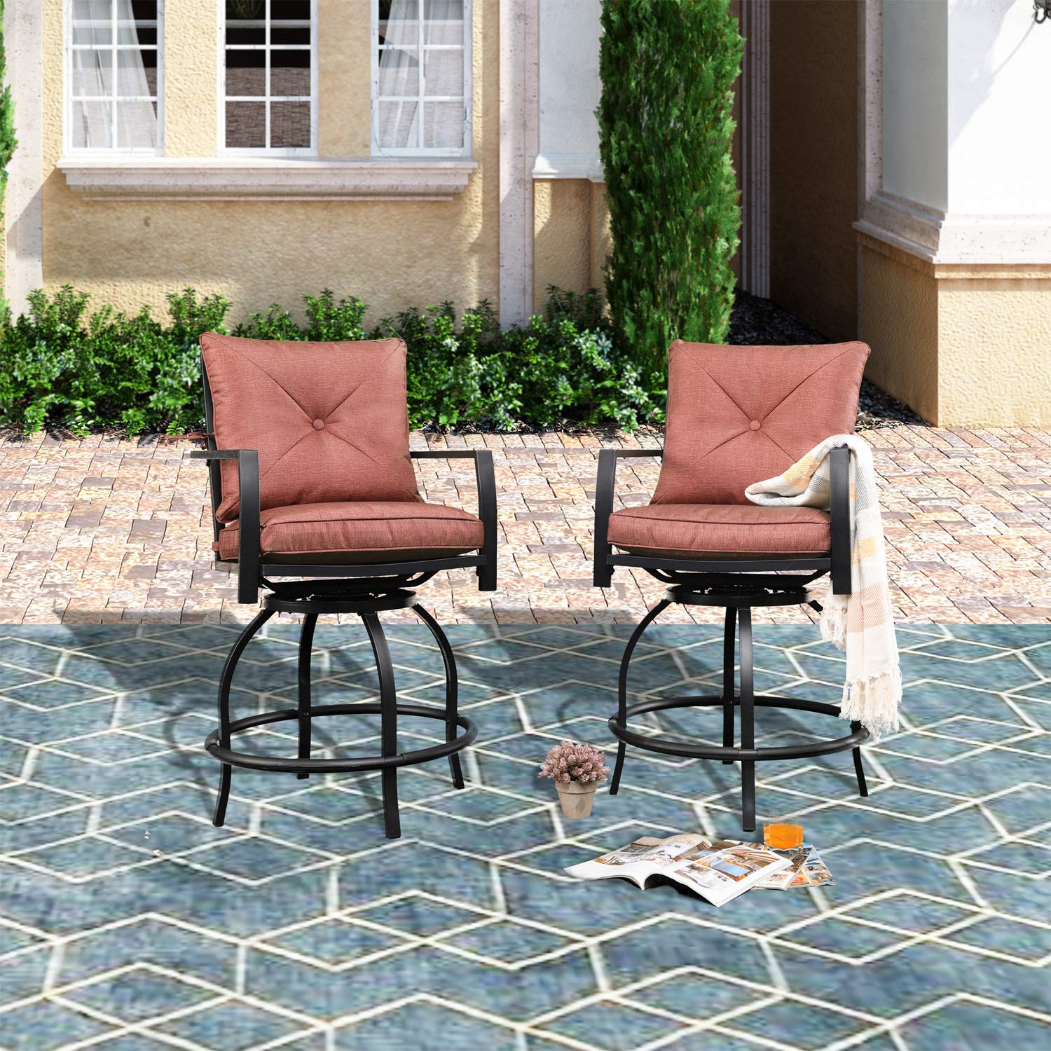 **Swivel Bar Height Patio Chairs with Cushions - 2 Pack Red Outdoor Bistro Set for Garden, Balcony, or Patio - Perfect for Relaxing, Entertaining, and Outdoor Dining**