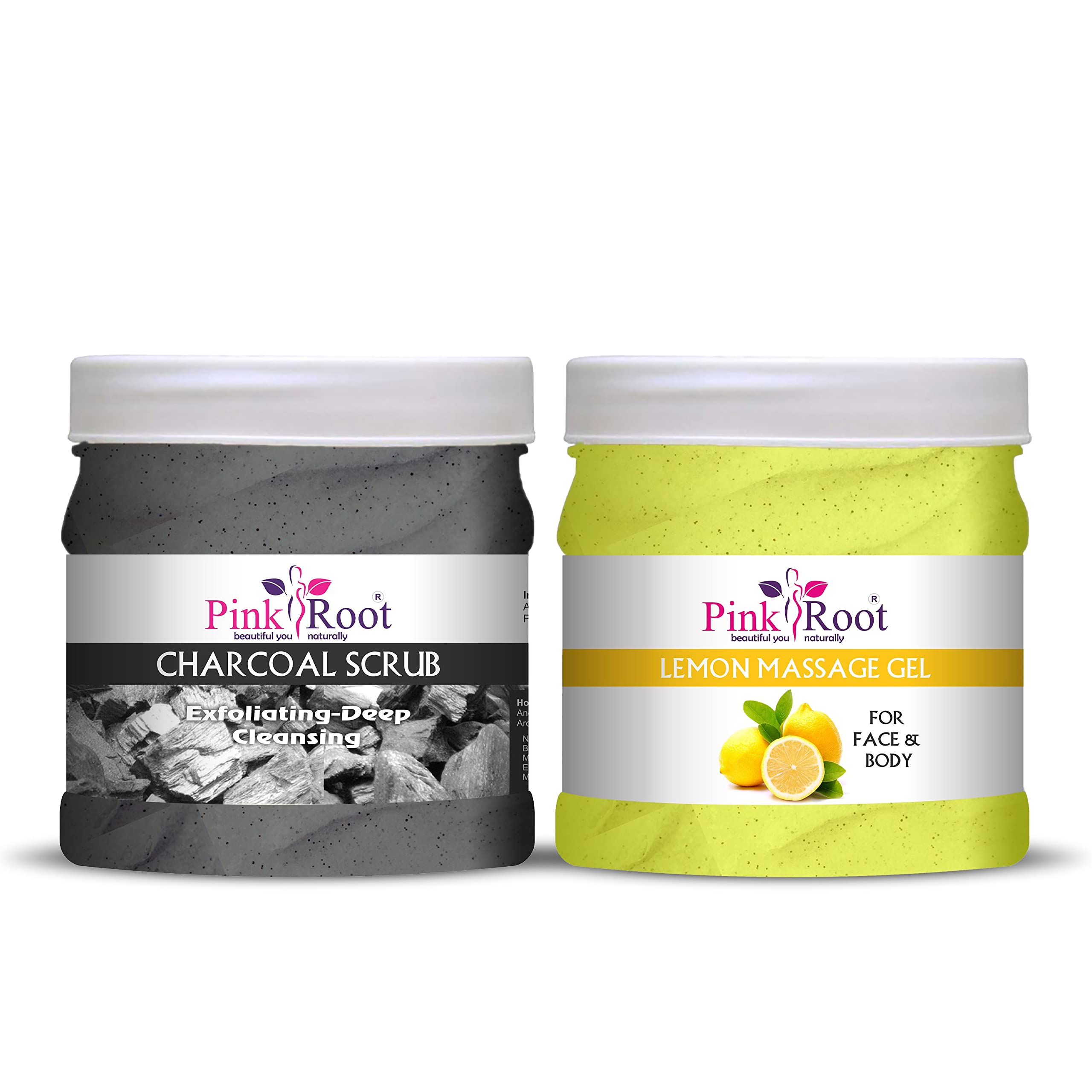 Pink Root Lemon Massage Gel & Charcoal Scrub Set - 500ml Each for Relaxation & Exfoliation - Perfect for Spa Day & Self-Care Routine