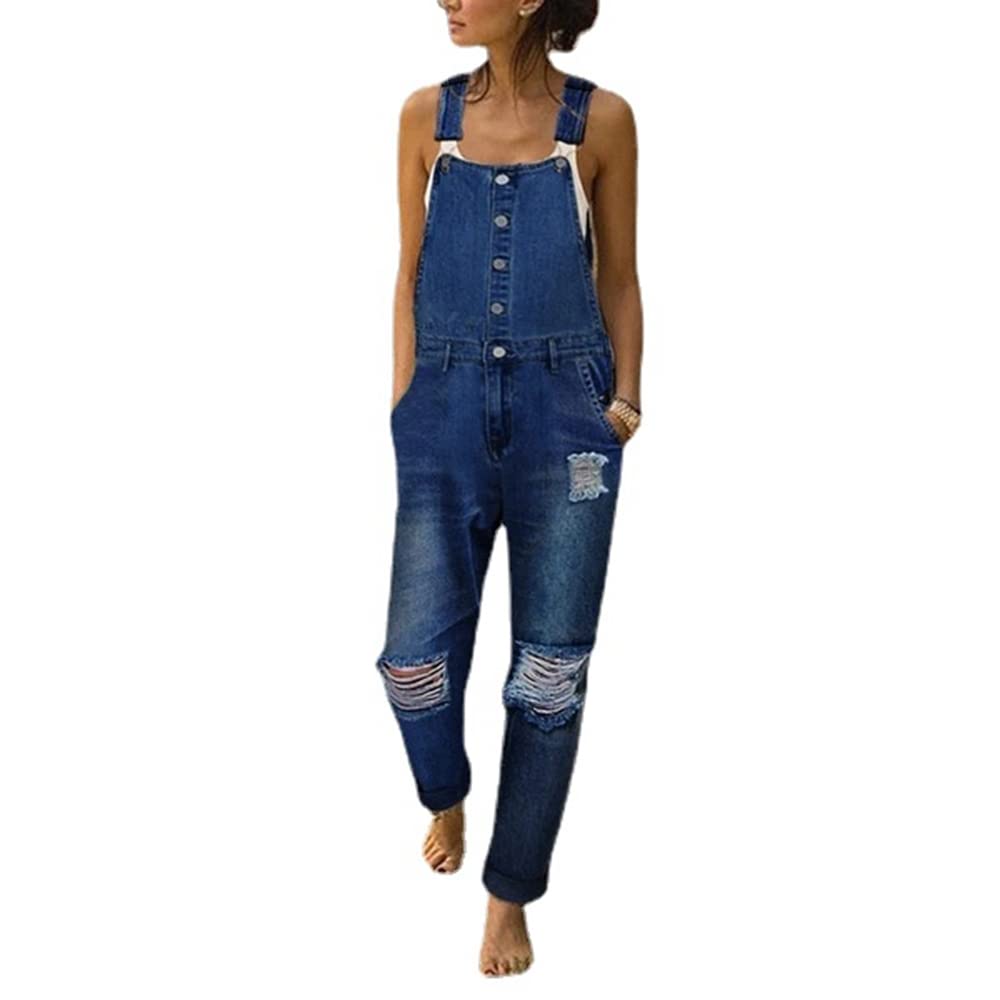 Women's Casual Button Down Bib Overall Jean Jumpsuit - Ripped Distressed Stretch Denim Romper | Perfect for Streetwear, Music Festivals & Everyday Fashion