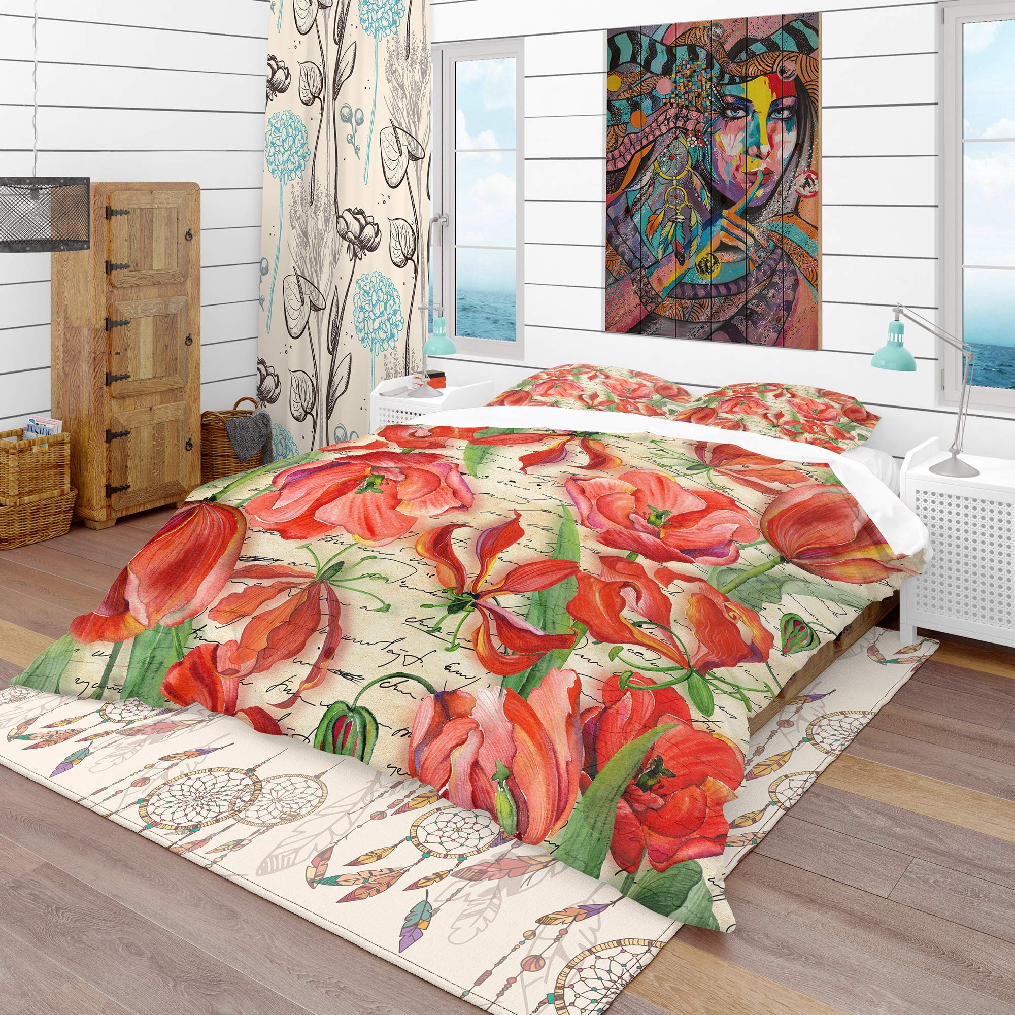 Red Floral Duvet Cover King Set - Coastal Nautical Bedding for All Seasons