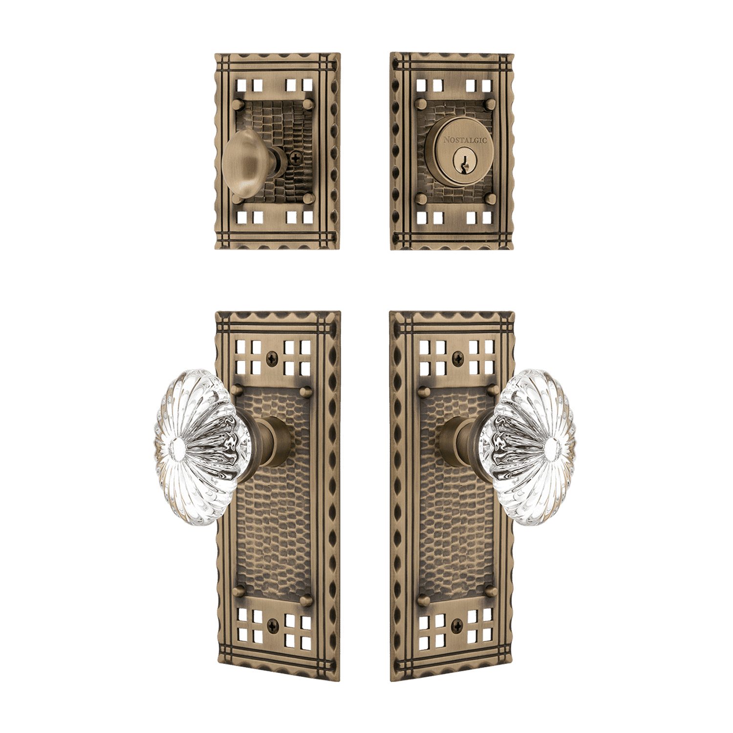 Antique Brass Craftsman Entry Door Handle Set with Oval Fluted Crystal - Elegant Front Door Hardware for Home Security & Curb Appeal