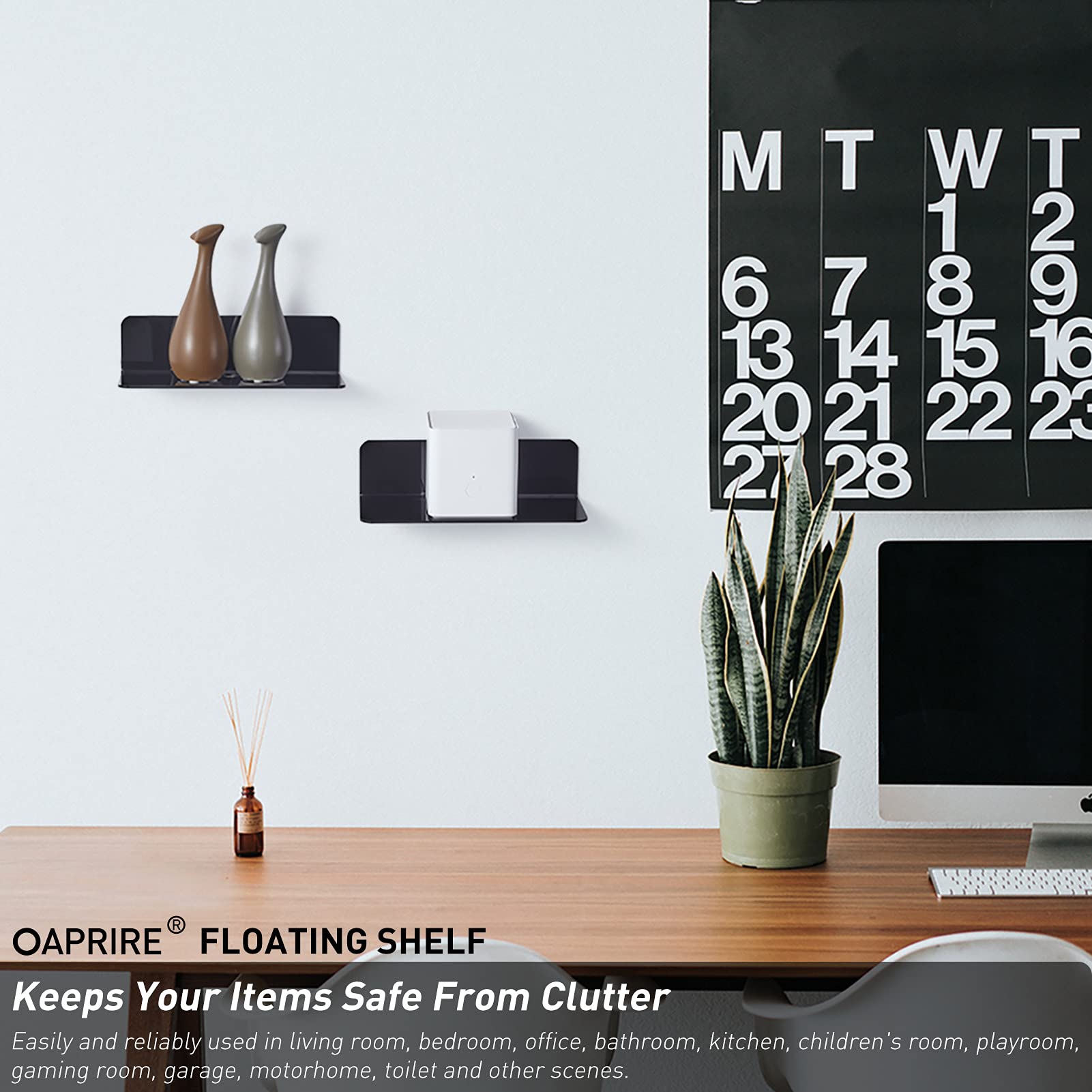 OAPRIRE Acrylic Floating Wall Shelves Set of 2 - No Damage Expandable Wall Mount Shelves for Smart Speakers, Action Figures, Books & Decor with Cable Clips - Perfect for Bedroom, Living Room & Office Organization
