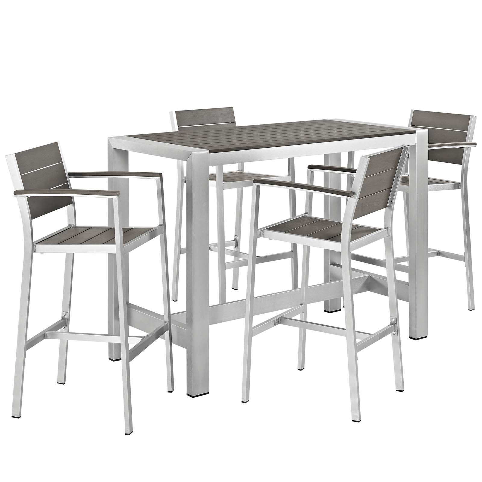 Modway Shore 5-Piece Aluminum Outdoor Patio Pub Bistro Set with Bar Stools in Silver Gray - Durable Weather-Resistant Patio Furniture for Backyard, Garden, Poolside & Restaurant Outdoor Seating