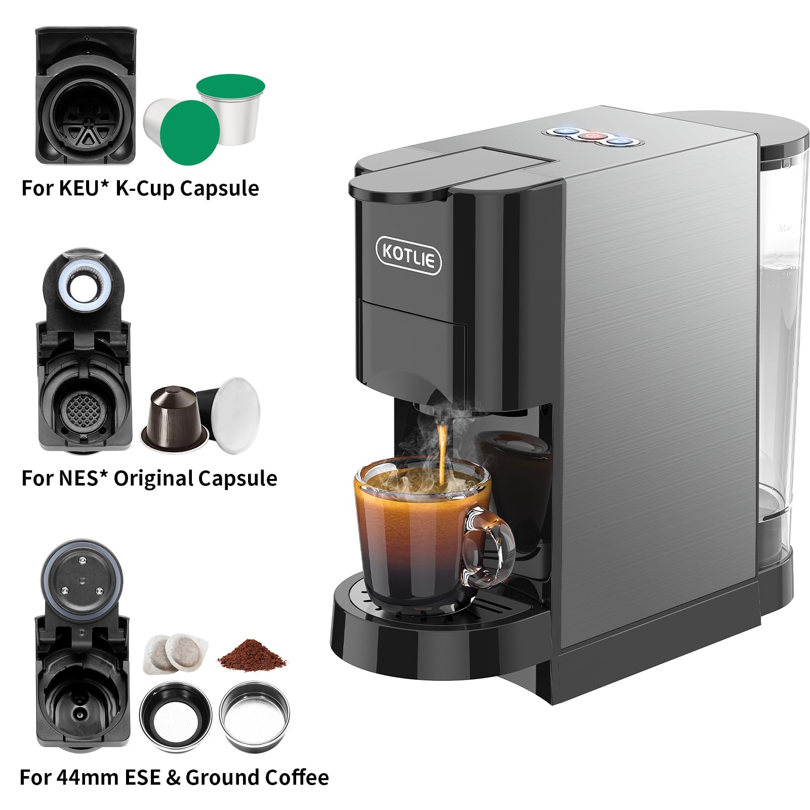 KOTLIE 19Bar Single Serve Coffee Maker, 4-in-1 Espresso Machine for K-Cup Capsules, NES* Pods, Ground Coffee & ESE Pods - Perfect for Home, Office and Small Spaces (Model AC-513H)