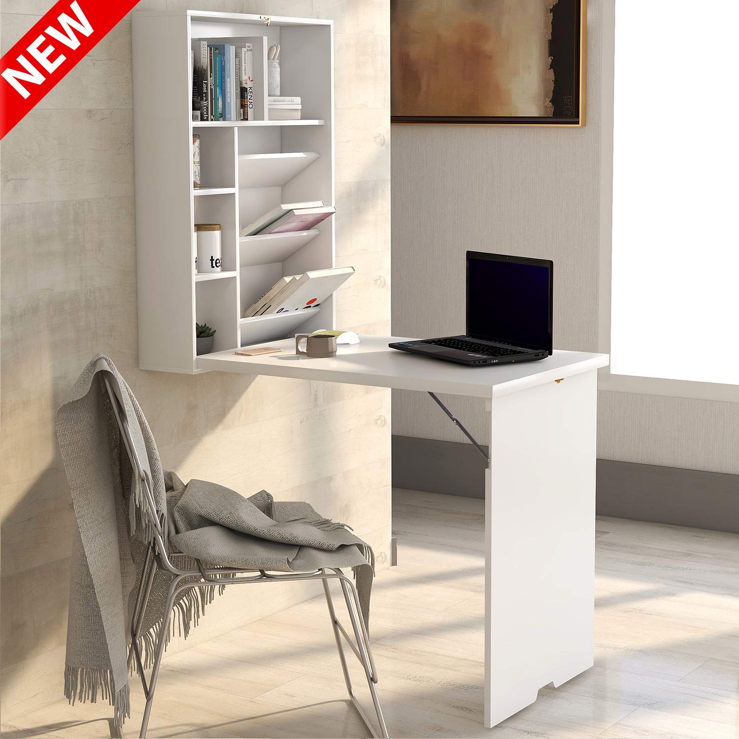 LEEKOUS Wall Mounted Folding Desk with Storage - Space Saving Foldable Table for Small Spaces, Multi-Functional Home Office & Laptop Workstation - Perfect for Apartments, Dorms & Tiny Homes