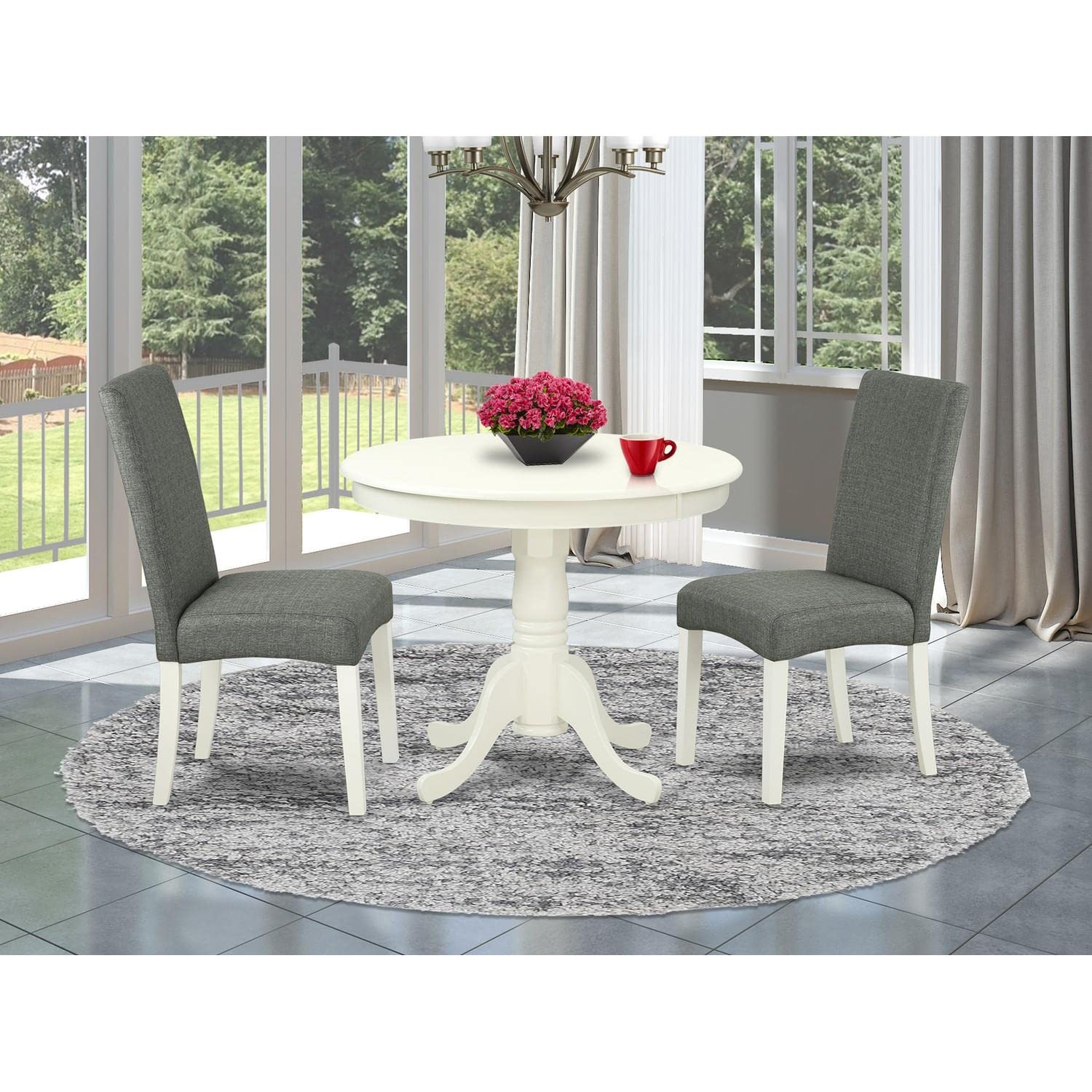 East West Furniture 3-Piece Modern Dining Room Set - 36x36 Inch Round Pedestal Table with 2 Gray Linen Parsons Chairs, White Linen Finish | Perfect for Small Spaces, Breakfast Nooks & Contemporary Kitchens