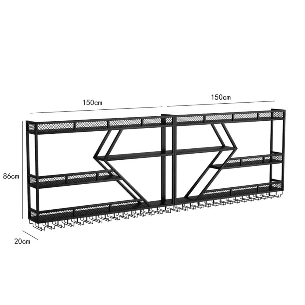 Modern Wall Mounted Wine Rack with LED Lights - Iron Metal Wine Bottle & Glass Holder, Floating Bar Shelves for Living Room, Restaurant, Kitchen Decor | Space-Saving Wine Storage Solution for Home Bars & Entertaining Areas (Black)