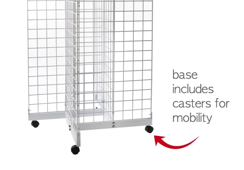 White 4-Way Wire Grid Tower with Base & Casters - 2' x 6' Wire Grid Panel 4-Sided Rolling Display Rack for Retail Stores, Trade Shows & Warehouse Organization
