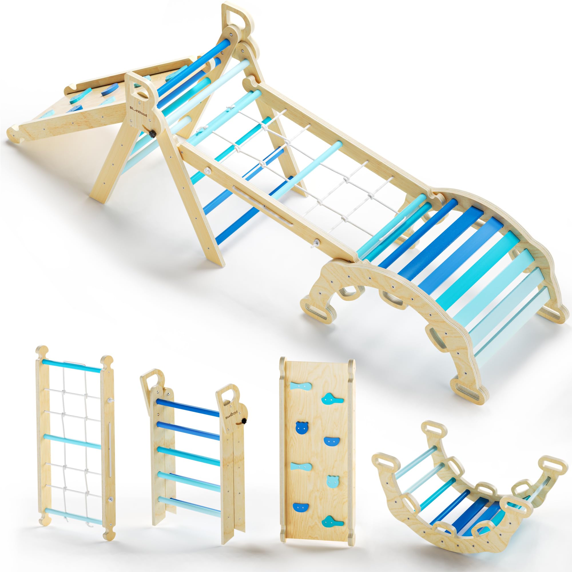 BlueWood 2025 8-in-1 Pikler Triangle Climbing Set - Montessori Toddler Toys, Indoor Baby Jungle Gym Climber with Slide & Ramp, Foldable Wooden Playground for Kids Ages 1-5 Years (Sky Blue) - Perfect for Home Playroom, Daycare & Preschool Activities