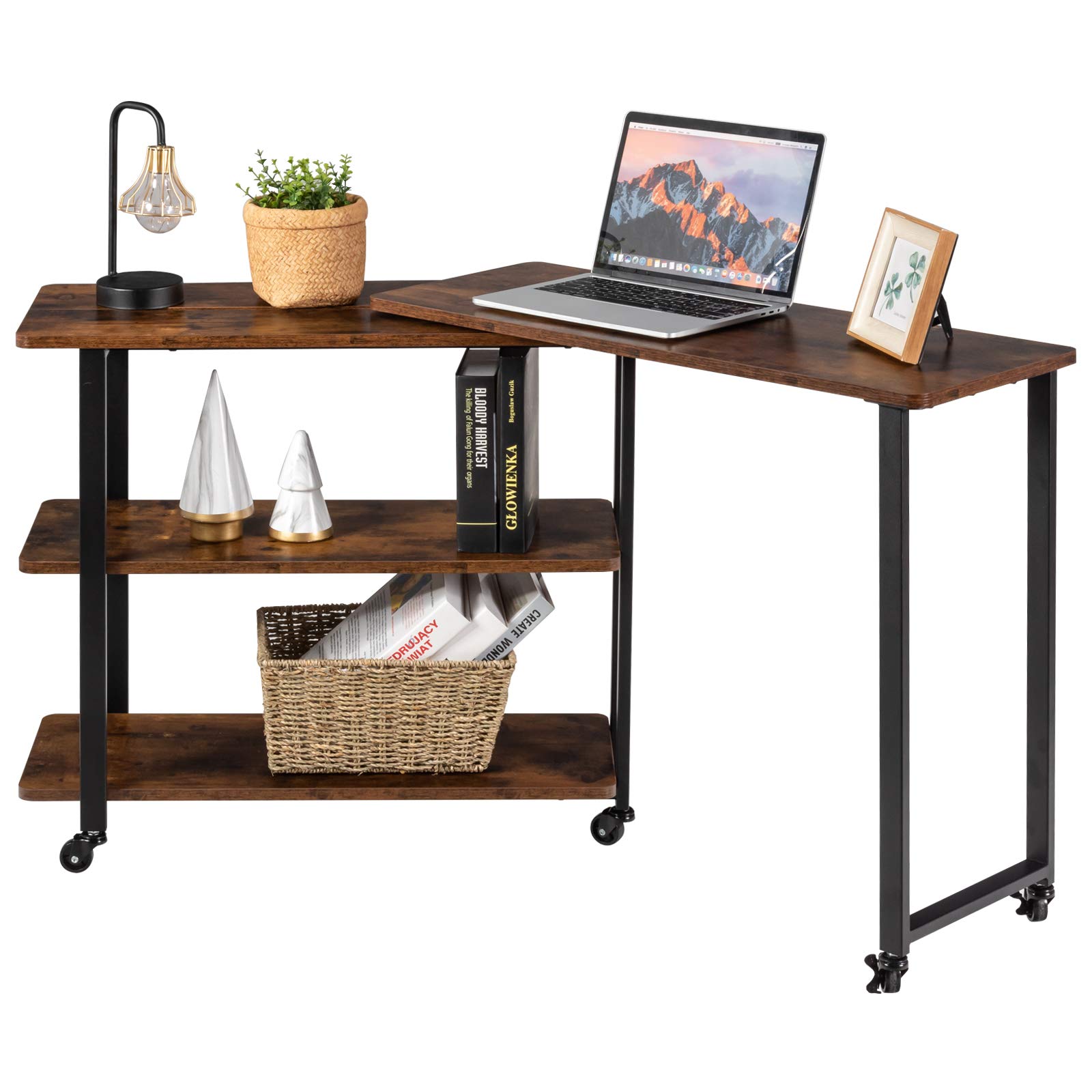 360° Rotating L-Shaped Corner Desk with 2-Tier Storage Shelf - Mobile End Table with Casters for Sofa, Living Room & Home Office - Patented Space-Saving Design (Rustic Brown) - Perfect for Laptops, Snacks, Books & Drinks While Relaxing or Working