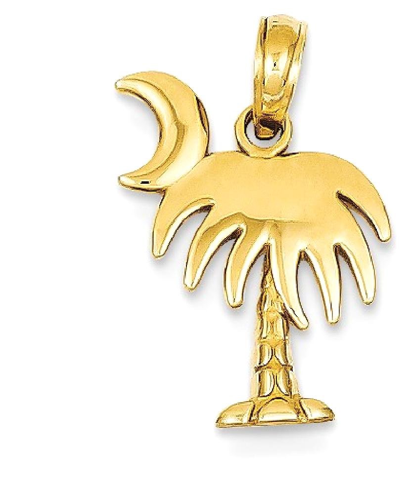 14K Solid Yellow Gold Charleston Palm Tree & Crescent Moon Necklace - Tropical Summer Beach Pendant Jewelry for Women | Perfect for Vacation, Beach Parties & Boho Fashion