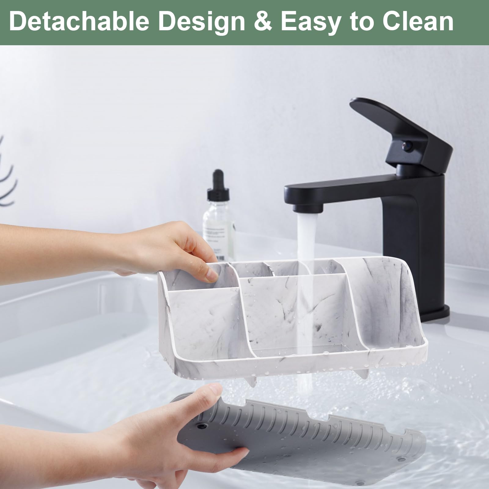 Marble Bathroom Countertop Organizer - Detachable 7-Slot Electric Toothbrush & Toothpaste Holder with Drainage | Bathroom Vanity Storage for Kids & Adults | Perfect for Countertop Organization in Modern Bathrooms (Grey)