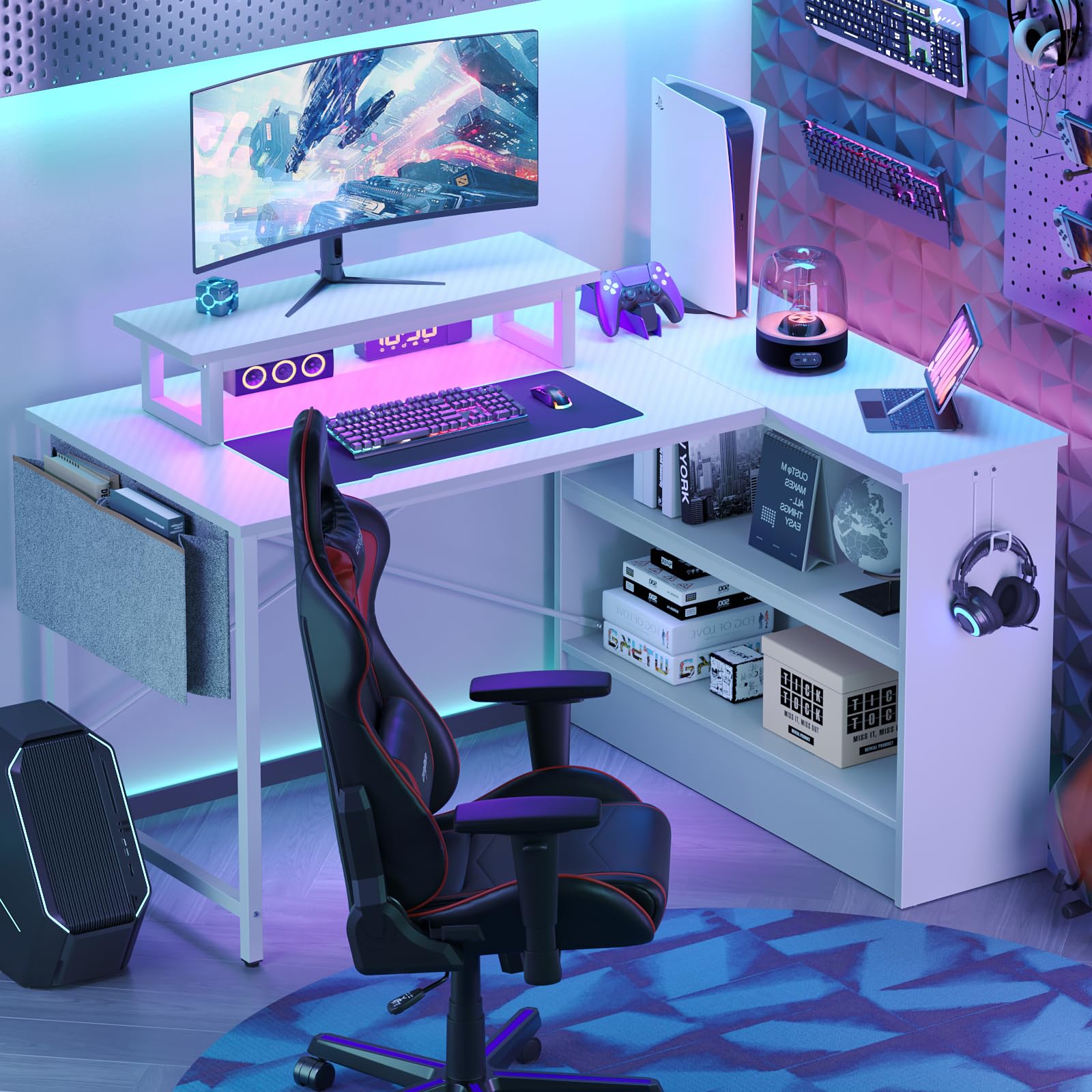 Bestier 42 Inch L-Shaped Gaming Desk with LED Lights - Computer Desk with Monitor Stand & Open Storage Cabinet, Home Office Study Corner Desk for Bedroom (White) | Perfect for Small Spaces & Multi-Monitor Setups