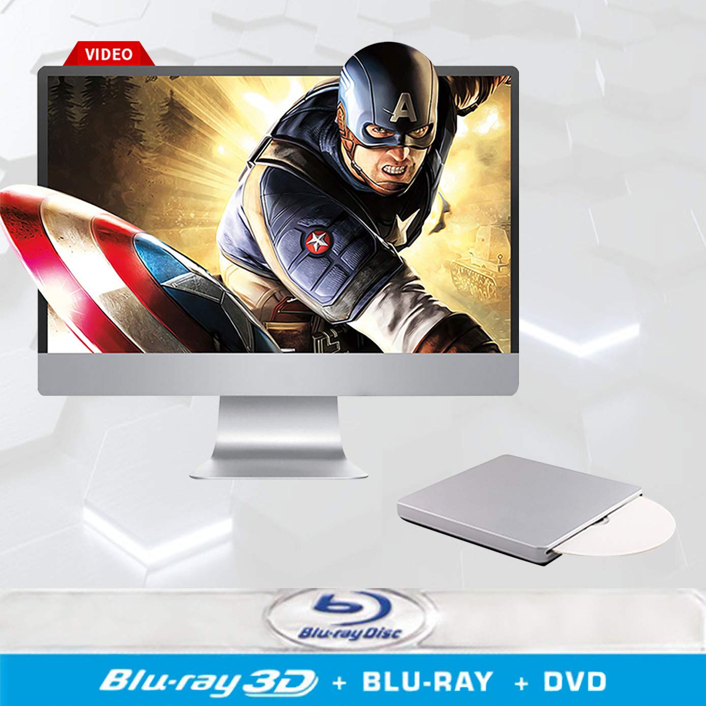 External Blu-Ray DVD CD Drive USB 3.0 & Type-C - Portable BD-ROM Player/Burner for Laptop Desktop PC - Watch Movies & Backup Files (Silver)