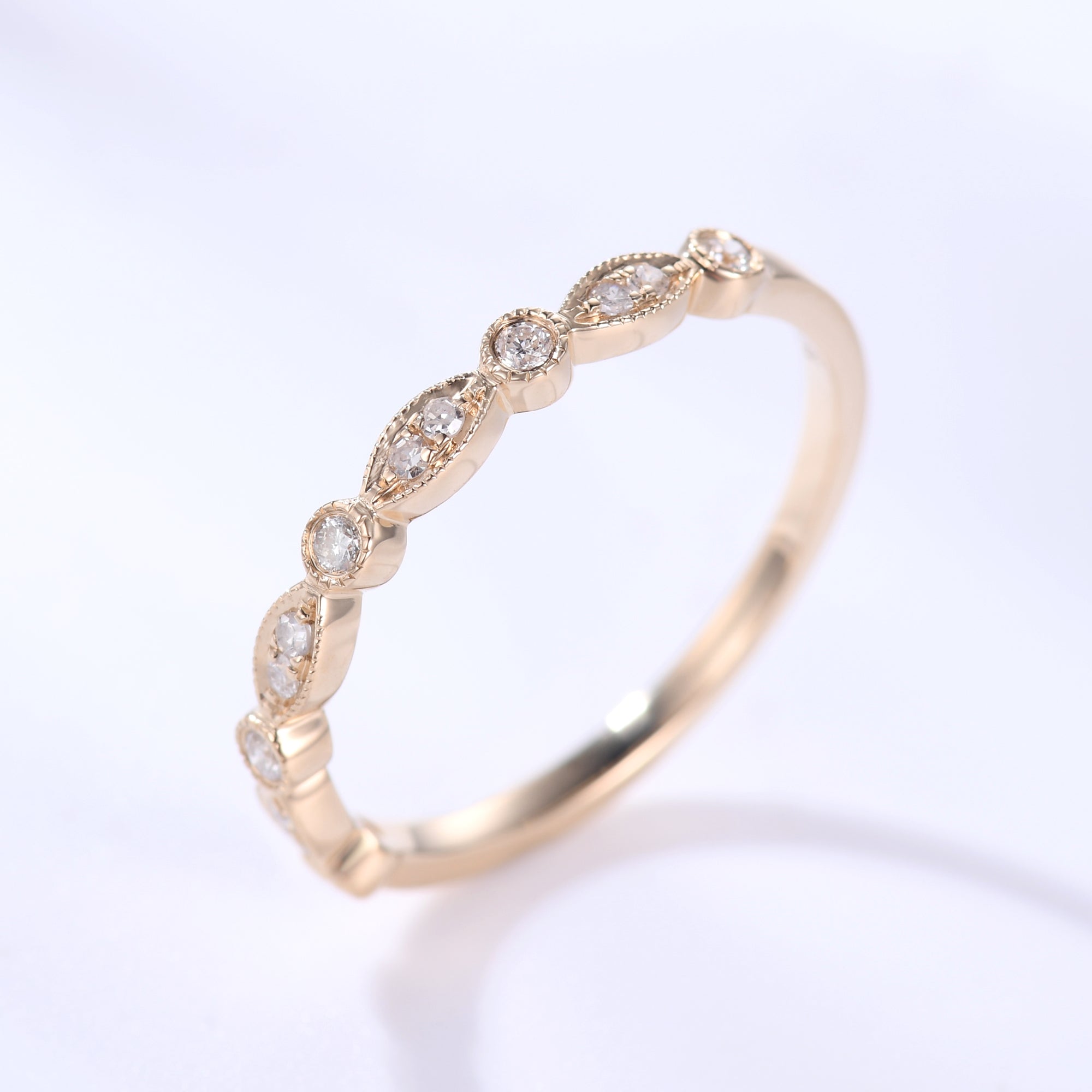 14k Rose Gold Antique Art Deco Diamond Wedding Ring for Women - Half Eternity Band with Milgrain Detailing - Perfect for Anniversaries, Engagements & Special Occasions