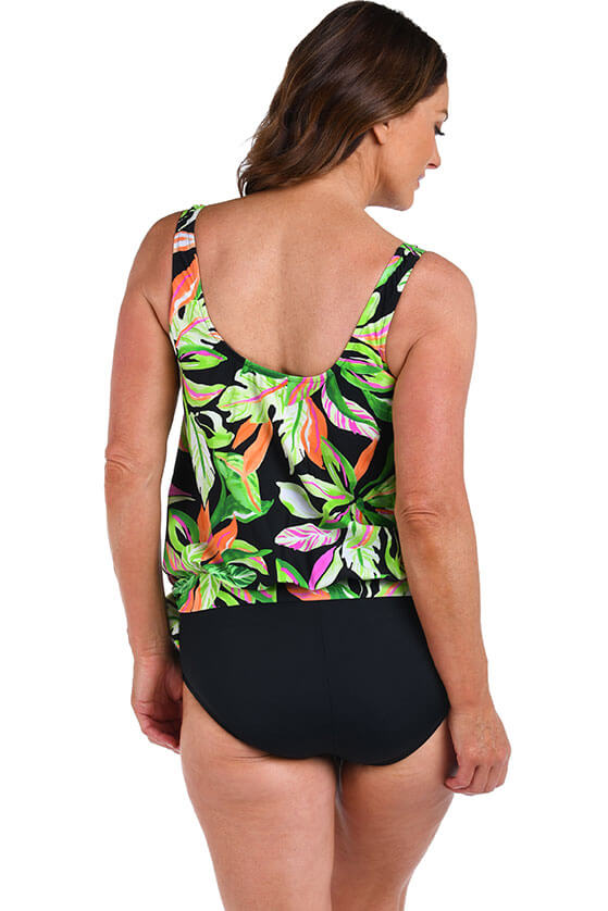 Rainforest Rainbow Blouson Tankini Top - Women's Floral Print Swimwear for Beach & Pool - Perfect for Summer Vacation, Tropical Getaways and Water Sports