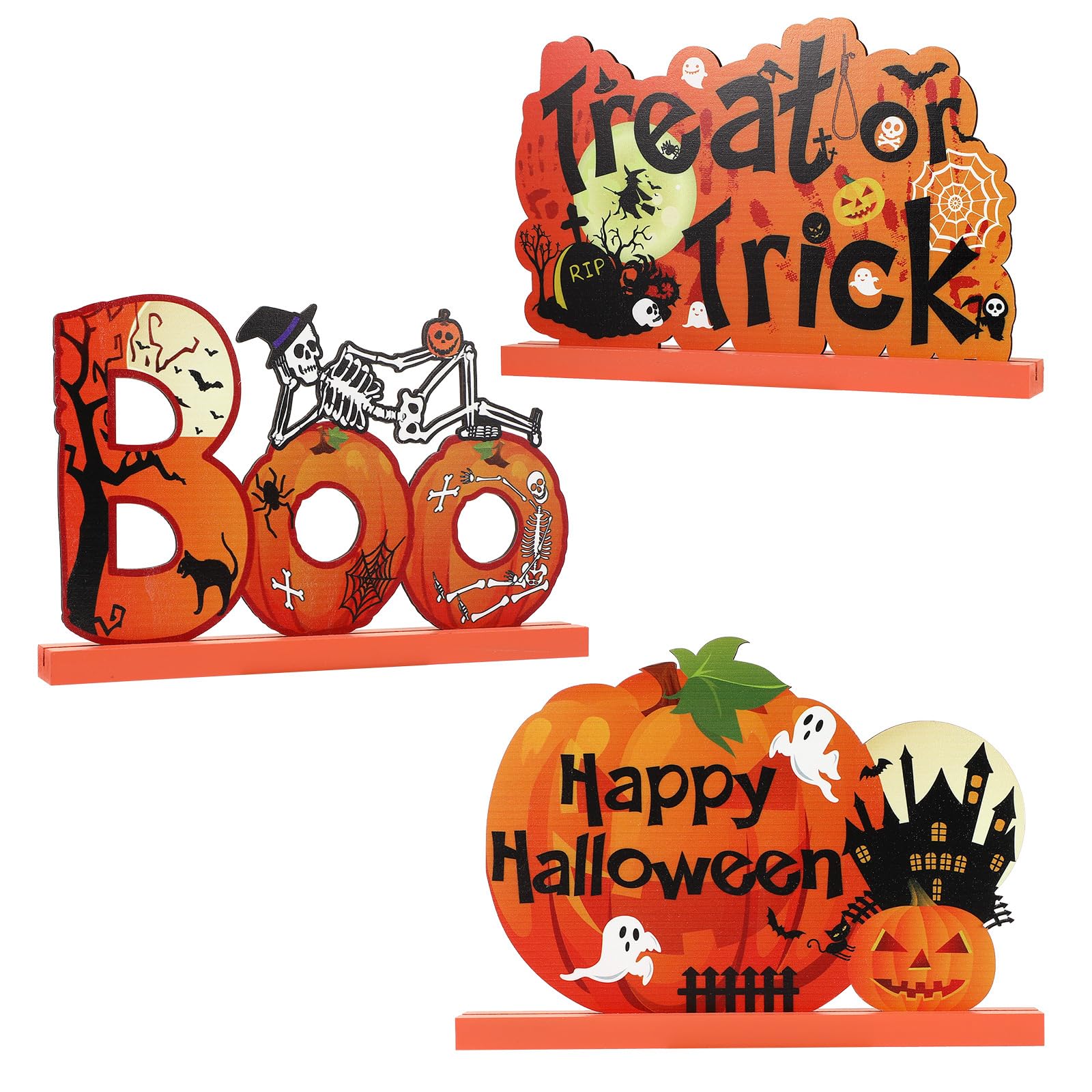 3-Piece Halloween Table Decor Set - Wooden Pumpkin Centerpiece with 'Boo' Sign for Halloween Party, Dinner, Coffee Table & Tier Tray Decor (11x7.7 Inch) | Spooky Home Decor for Fall Celebrations & Seasonal Gatherings