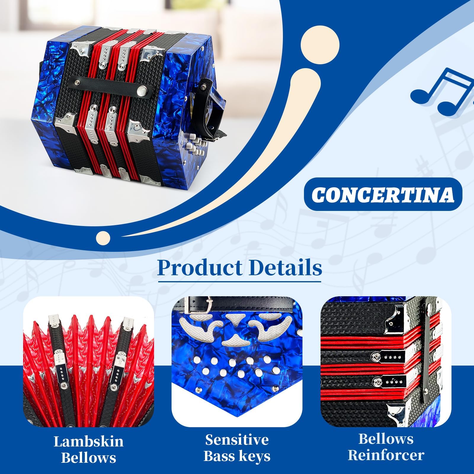 20-Key Professional Concertina Accordion for Adults & Beginners - Adjustable Hand Straps, Blue - Perfect for Music Practice, Performances & Travel