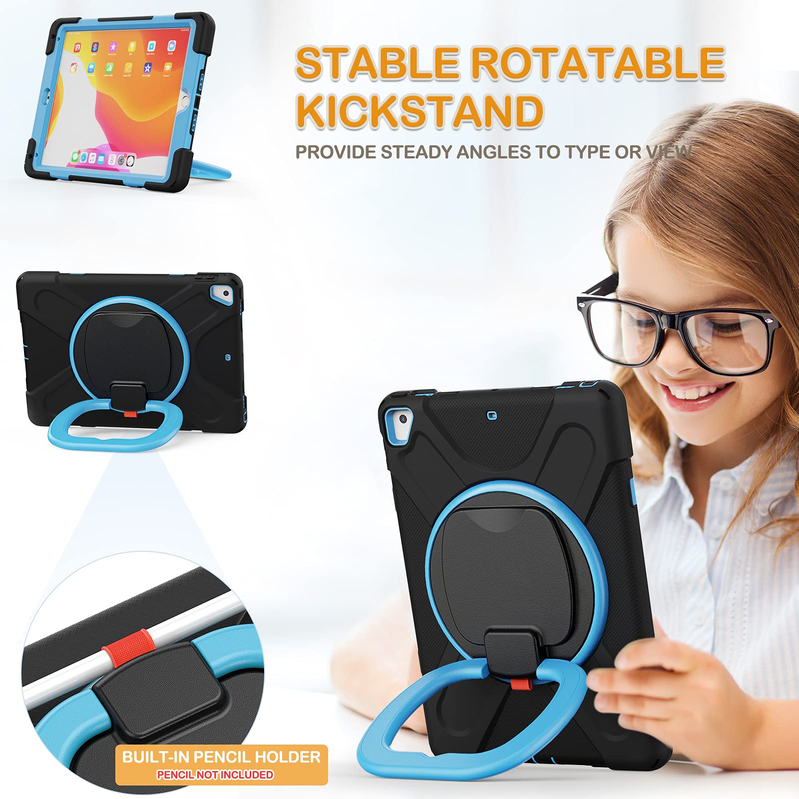 BRAECN Rugged 360° Rotating Handle iPad Case for iPad 6th/5th Gen, iPad Air 2, iPad Pro 9.7 - Shockproof Silicone Cover with Pencil Holder, Kickstand & Shoulder Strap (Black+Blue) - Perfect for School, Travel & Outdoor Use