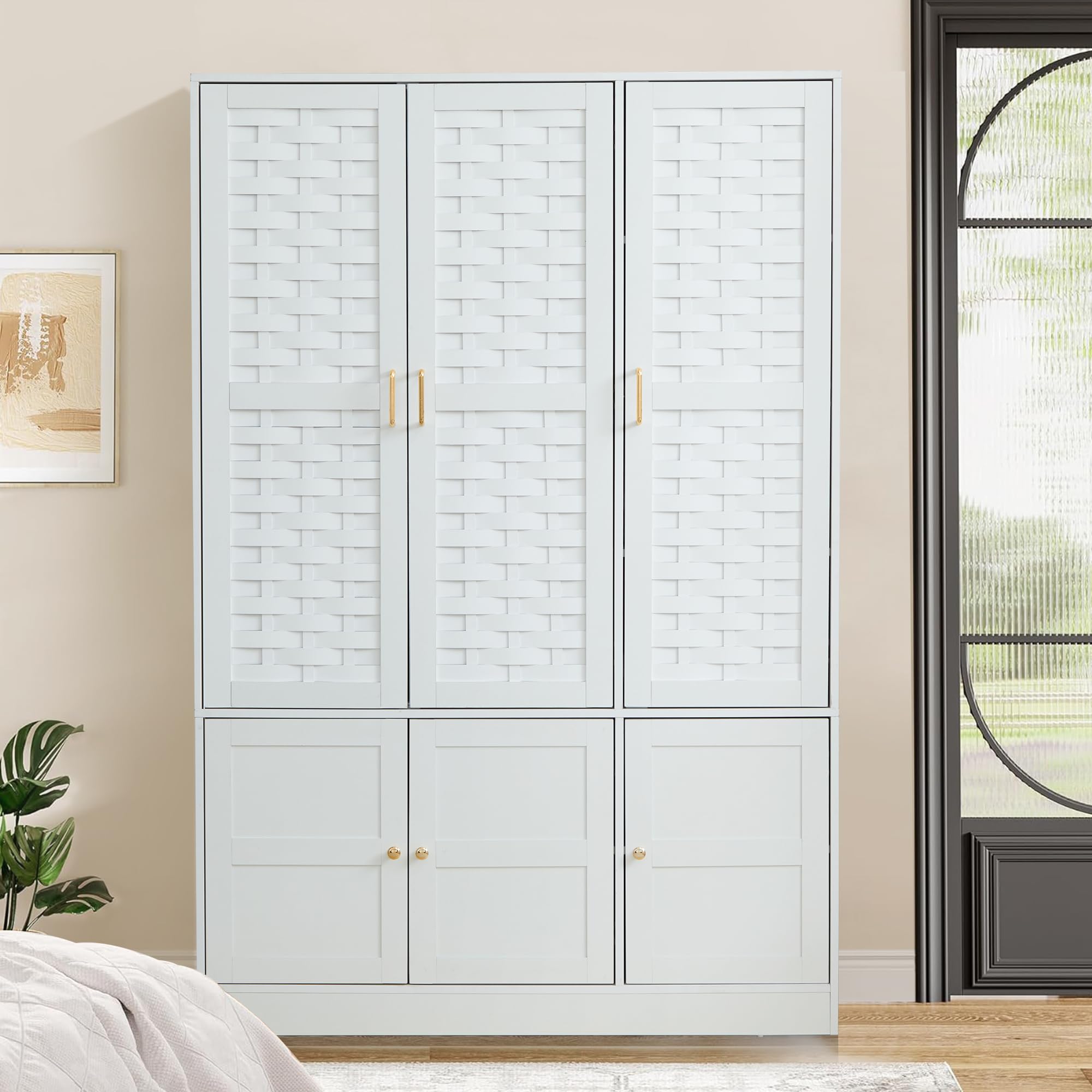LEVNARY 6-Door Woven Wardrobe Closet - White Freestanding Armoire Cabinet with Adjustable Shelves & Hanging Rail | High Capacity Storage Organizer for Bedroom, Closet & Dorm Room Organization