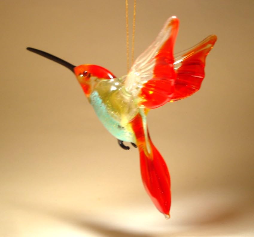 Red and Blue Glass Hanging Hummingbird Ornament - Handmade Garden Decor for Outdoor Patio, Yard, and Window Decoration - Perfect Gift for Bird Lovers