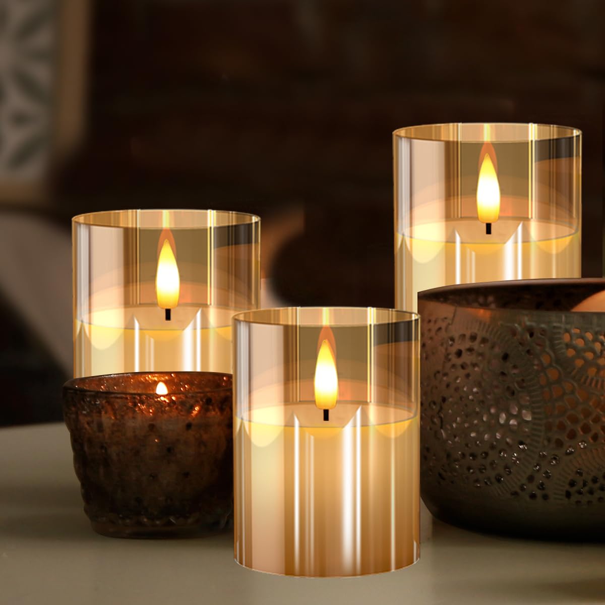Battery Operated LED Flameless Candles with Remote & Timer - Real Wax Warm White Flickering Lights for Home Decor, Weddings, Parties & Holidays (Set of 3 Gold Candles) - Perfect for Romantic Dinners, Spa Relaxation & Christmas Decorations