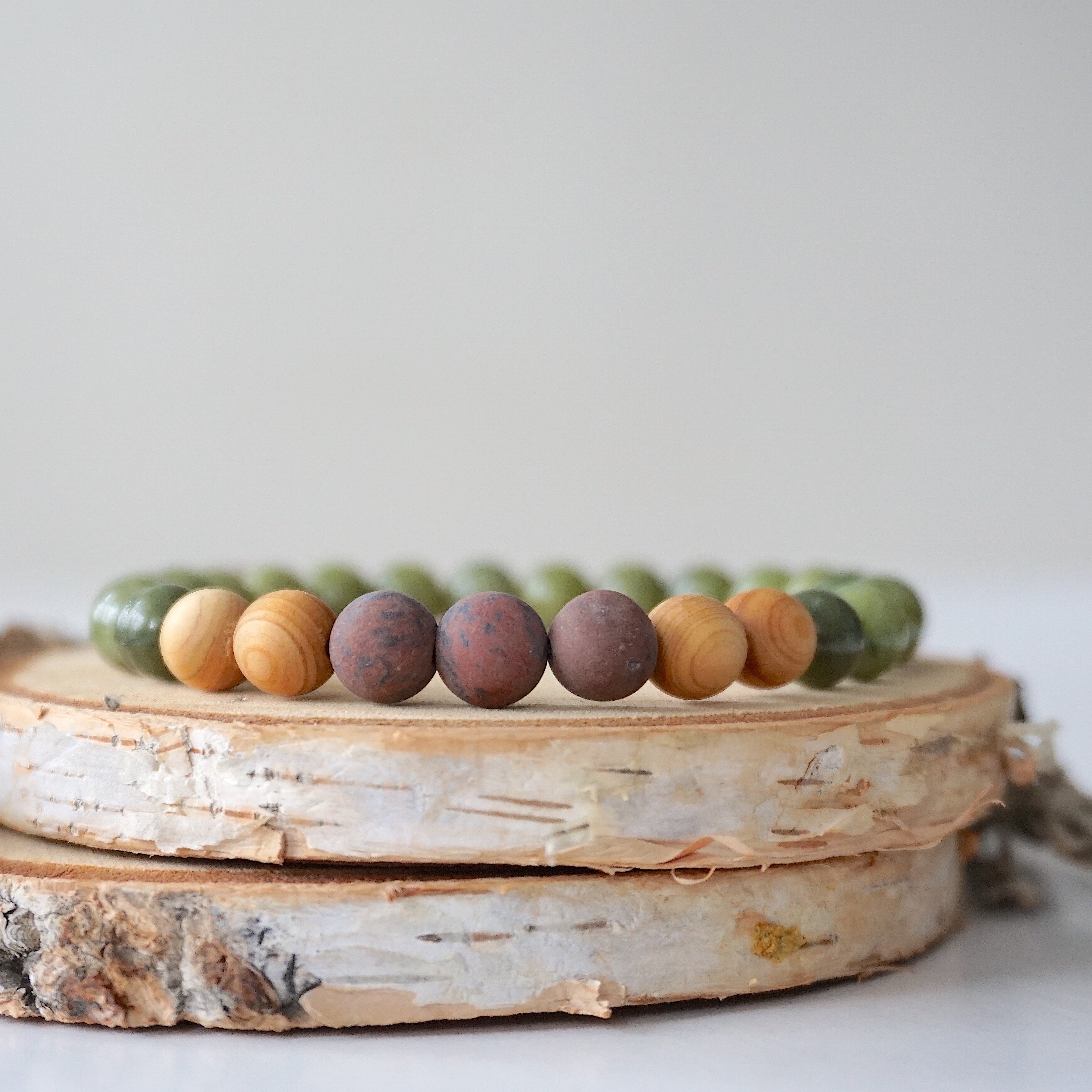 Jade Healing Crystal Mala Bracelet with Mahogany Obsidian & Cedar Wood - Meditation, Yoga & Spiritual Wellness Accessory