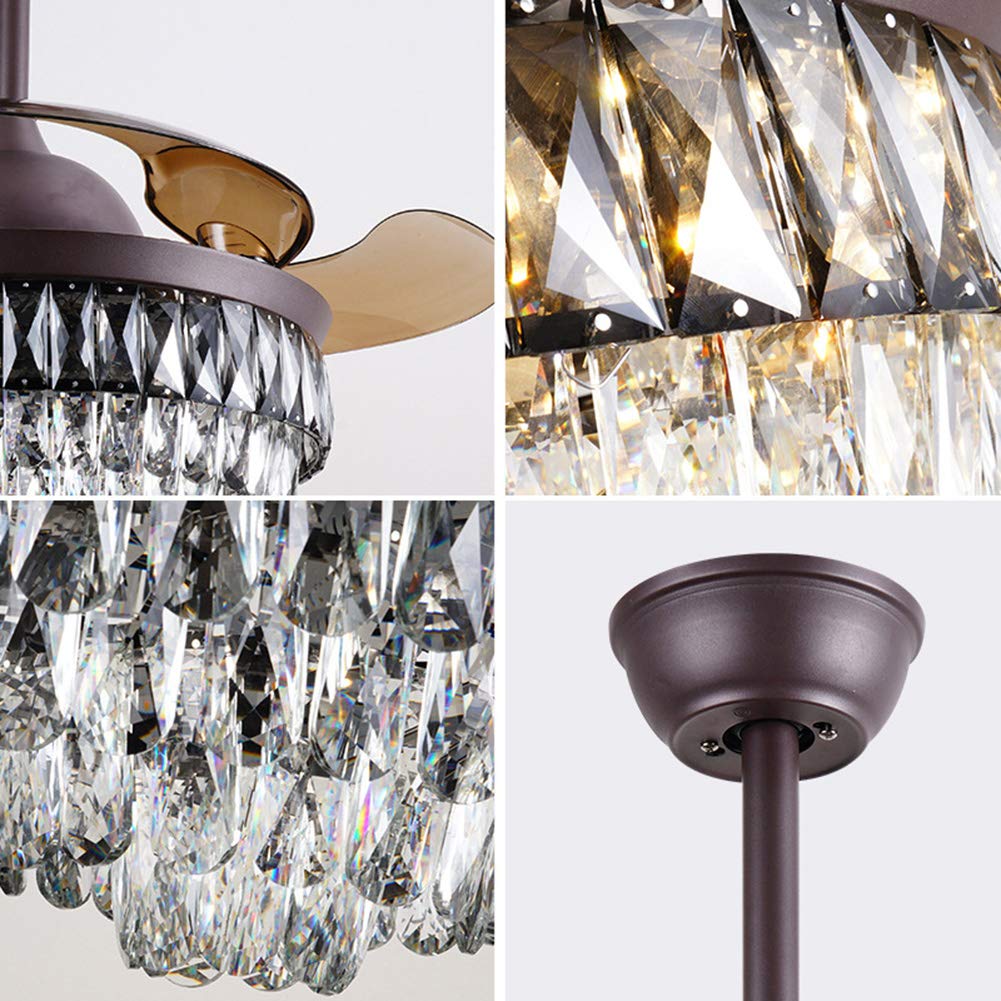 42 Inch Modern Crystal Ceiling Fan with LED Lights & Remote Control - 3 Speed, 3 Color Retractable Blades - Brown Finish Chandelier Fandelier for Dining Room, Living Room, Bedroom | Energy Efficient Cooling & Elegant Lighting Solution