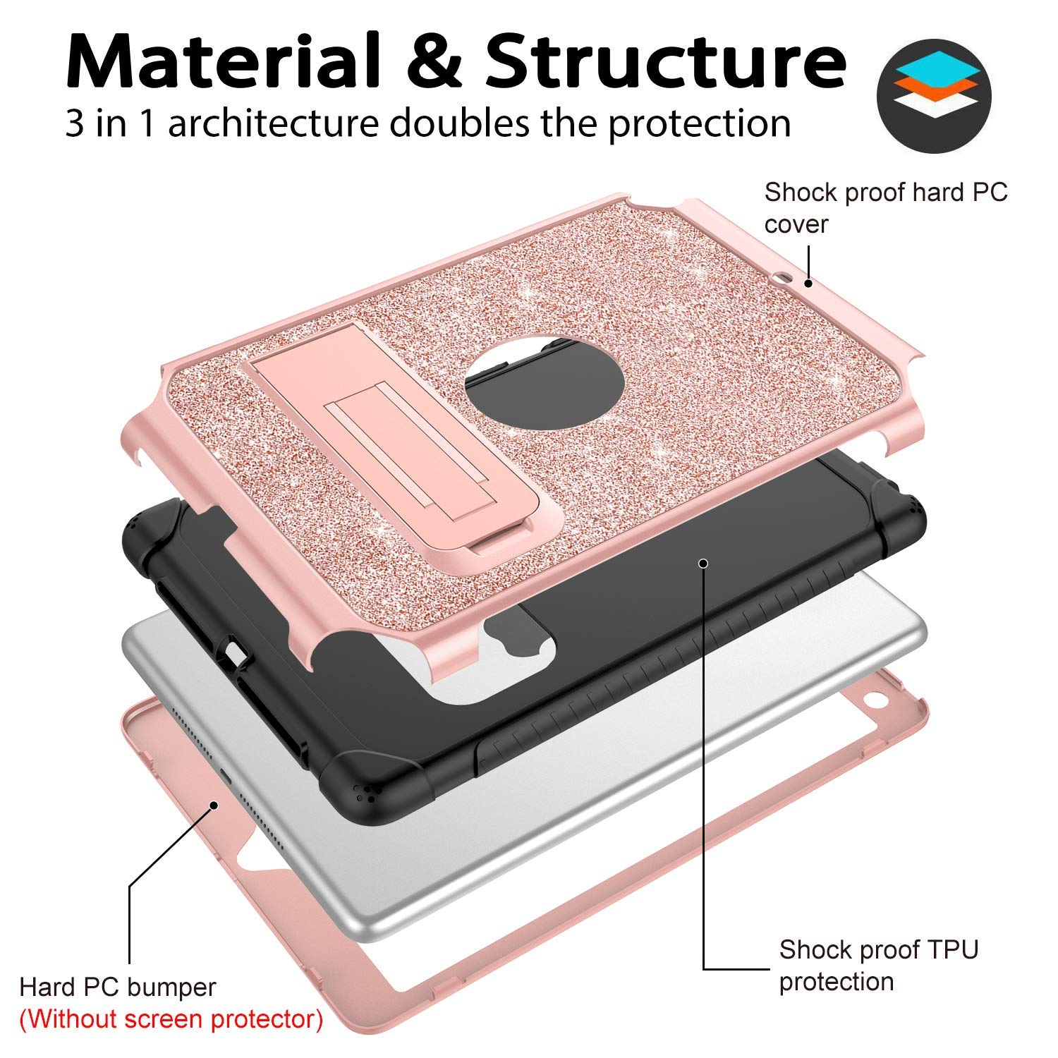 DUEDUE Shockproof iPad Case - Compatible with iPad 9.7 (2017/2018), iPad Air 2, iPad 6th/5th Gen & iPad Pro 9.7 | 3-in-1 Heavy Duty Hard PC Cover with Kickstand & Glitter Bling Design (Pink) - Perfect for Work, School & Travel Protection