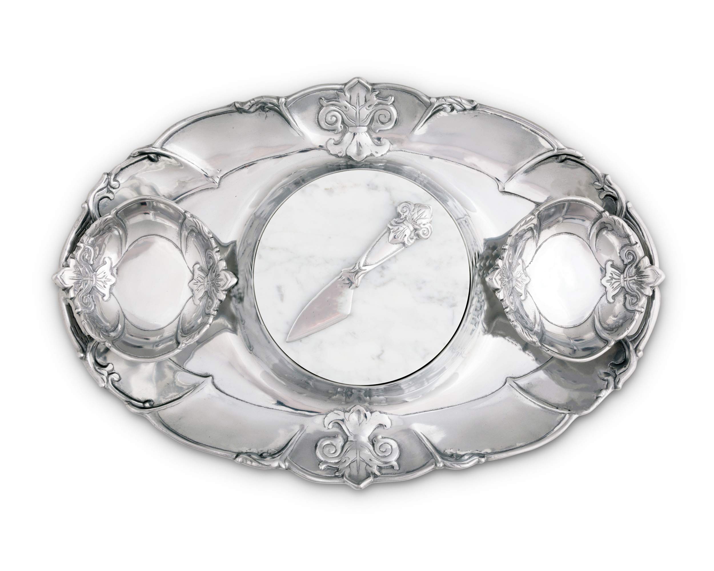 Arthur Court Designs Aluminum Fleur-De-Lis 5-Piece Cheese & Chip Serving Set with Two Bowls, Spreader, Marble Base, and 20x13 Inch Tray – Perfect for Parties, Entertaining, and Gourmet Snack Presentation