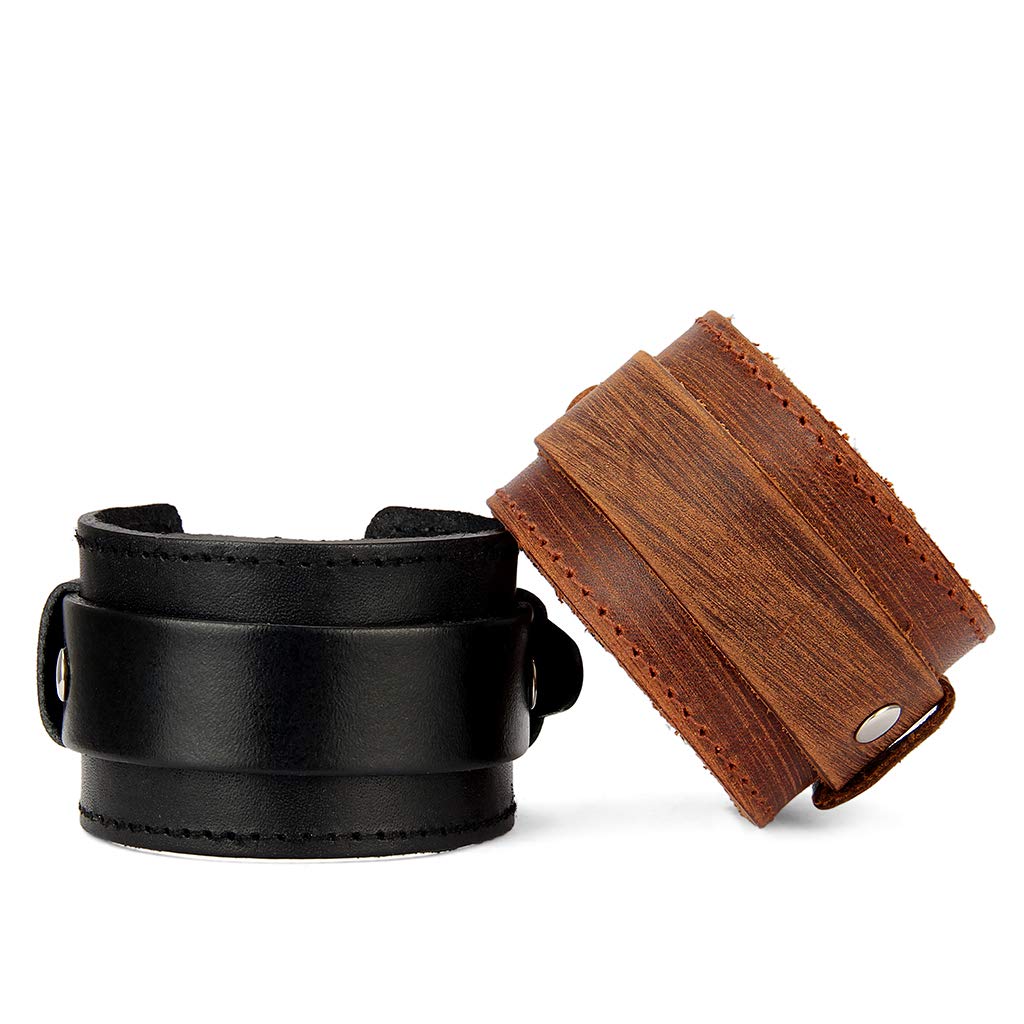 Men's Black Leather Bracelet - Punk Style Wrist Cuffs & Arm Bands - Unisex Leather Wristband for Men & Women - Perfect for Rock Concerts, Biker Events and Gothic Fashion