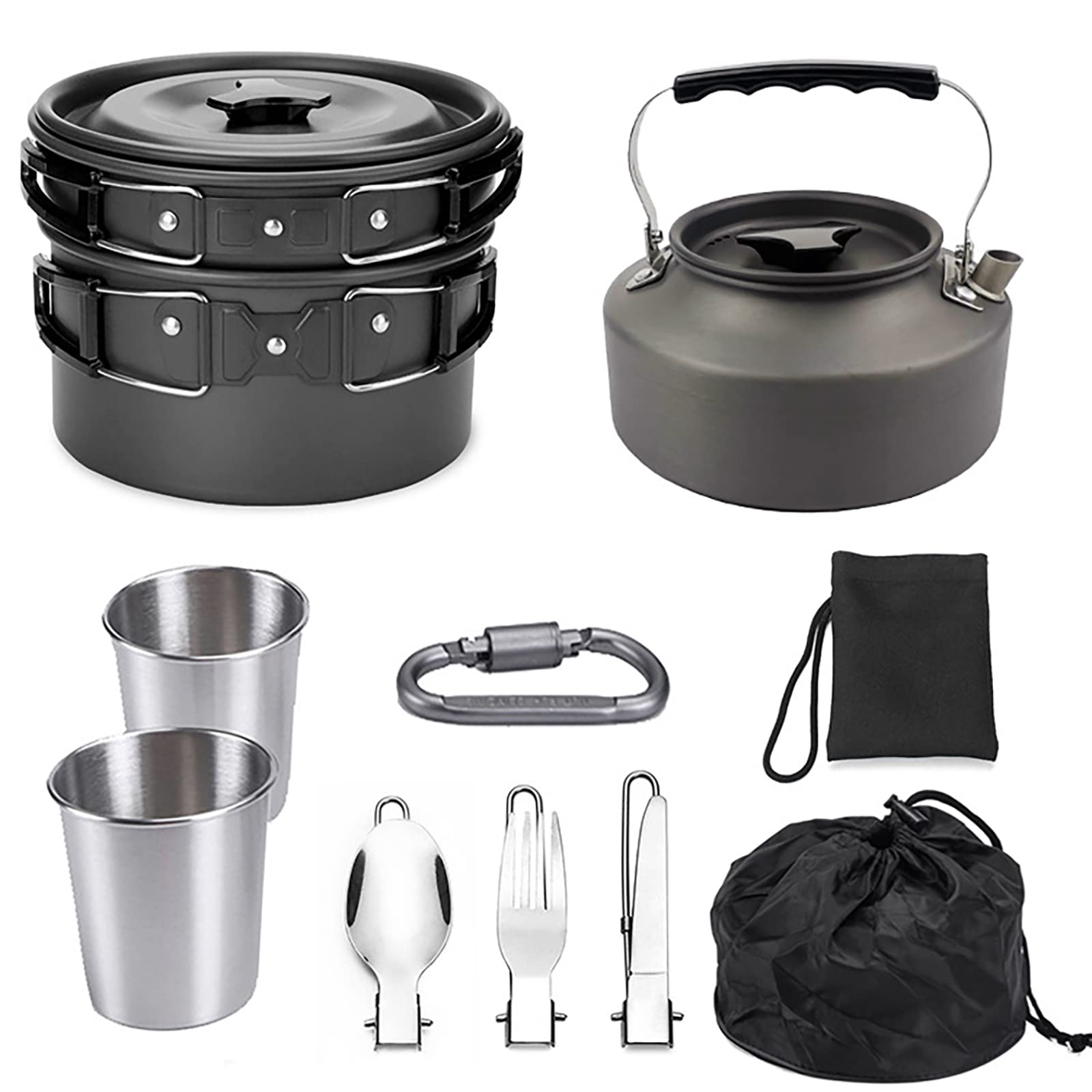 **Portable Camping Cookware Set with Non-Stick Stove, Canister Stand & Tripod - Lightweight Backpacking Mess Kit Includes Folding Knife & Fork - Perfect for Hiking, Picnics & Outdoor Adventures**