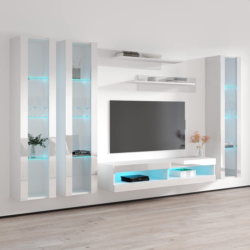 Modern Floating TV Stand with Storage & LED Lights - Wall-Mounted Entertainment Center Console for Bedroom & Living Room - White Meble Furniture Fly CD2 34TV Stand - Perfect for Small Spaces & Home Theater Setup
