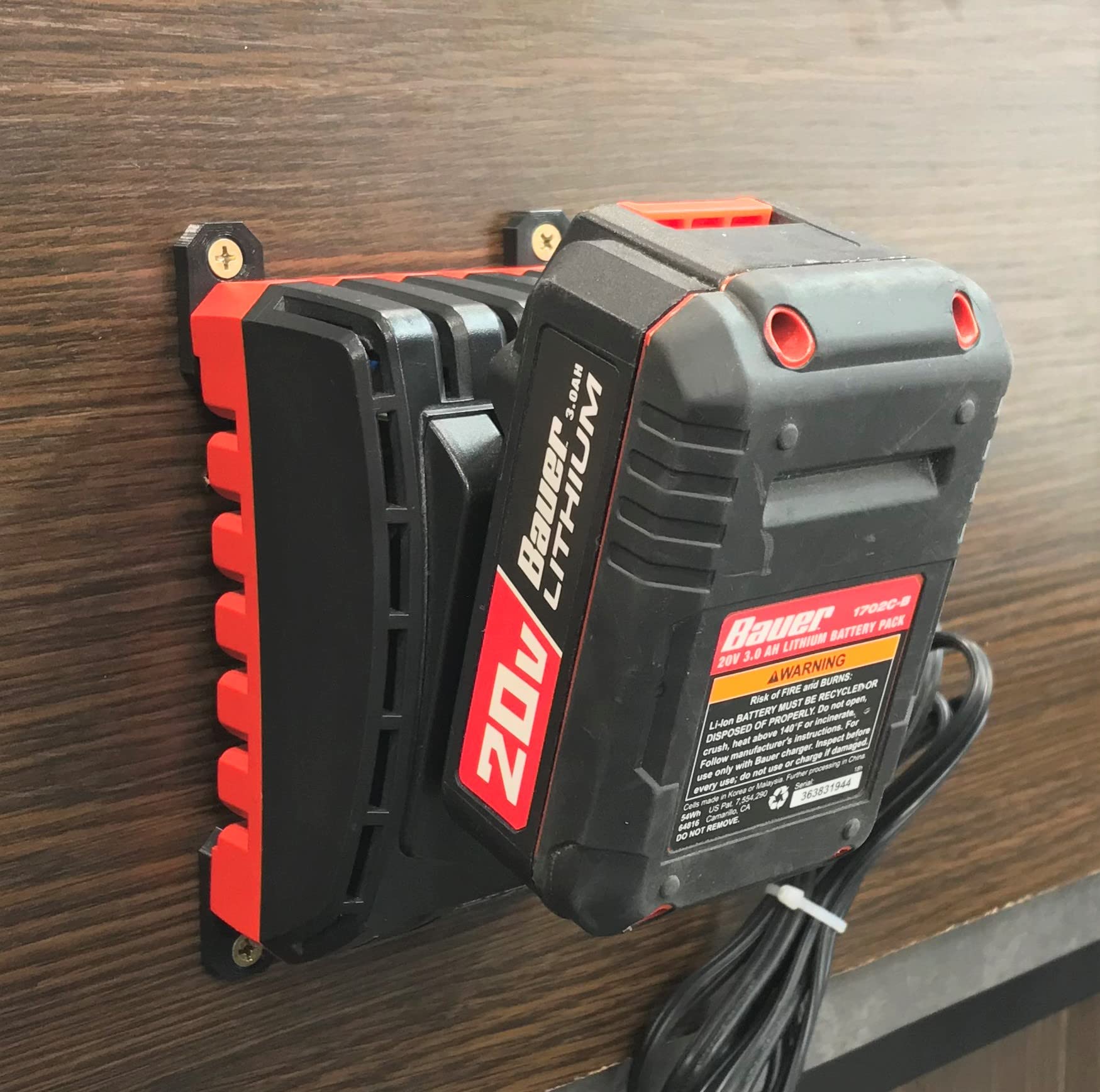 Bauer 20V Lithium Battery Charger Wall Mount Holder - Secure & Space-Saving Storage for Power Tools - Perfect for Garage, Workshop & DIY Projects