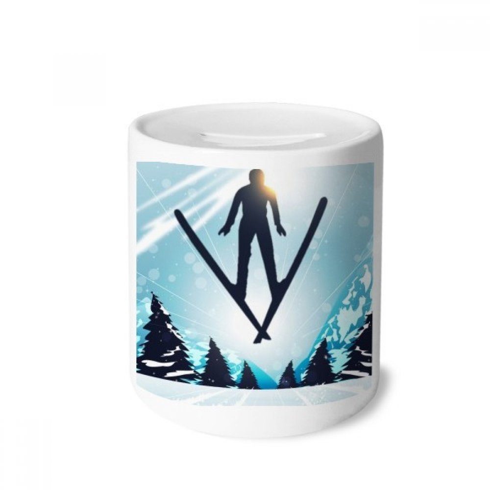 DIYthinker Ceramic Piggy Bank - Winter Skiing Tree Watercolor Design Coin Box, Money Saving Gift for Kids & Adults | Perfect for Christmas, Birthday, Home Decor & Savings Goals