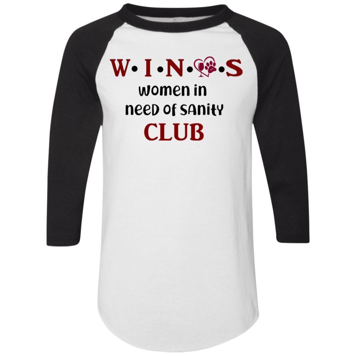WineyBitches.Co WINOS Club Colorblock Raglan Jersey with Burgundy Lettering - Perfect for Wine Tasting Parties, Girls' Night Out & Casual Wear